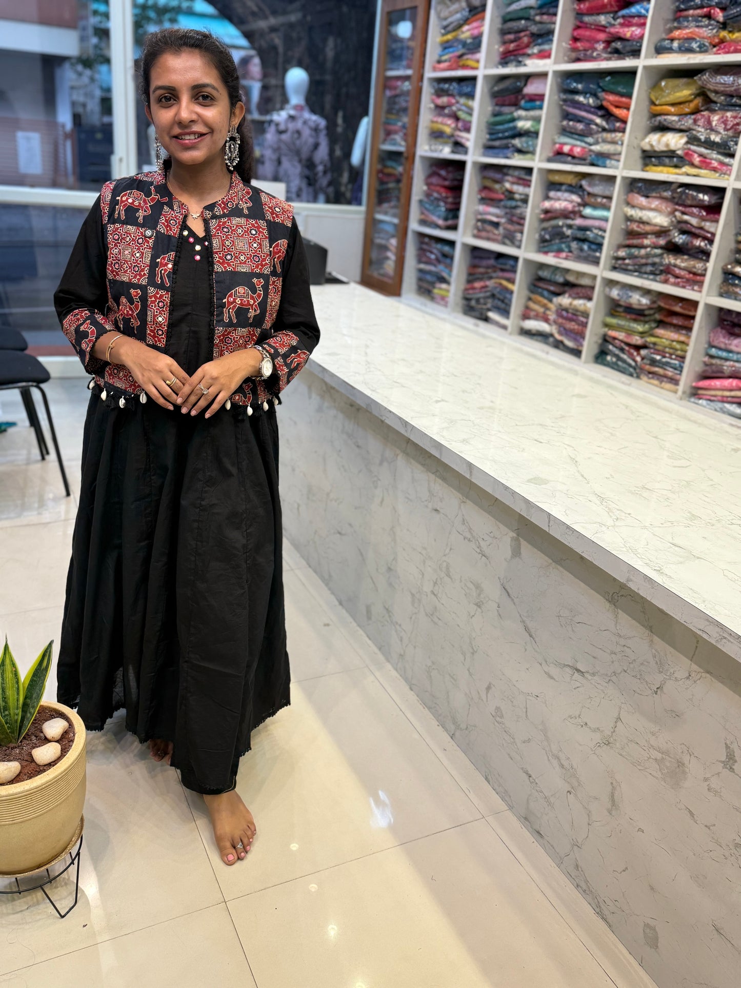 Camel Black Jacket Anarkali Kurti with Pant