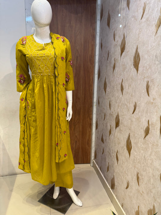 Mustard Embroidery Pure Cotton Kurti With Pant and Scallop Dupatta -HSC1285