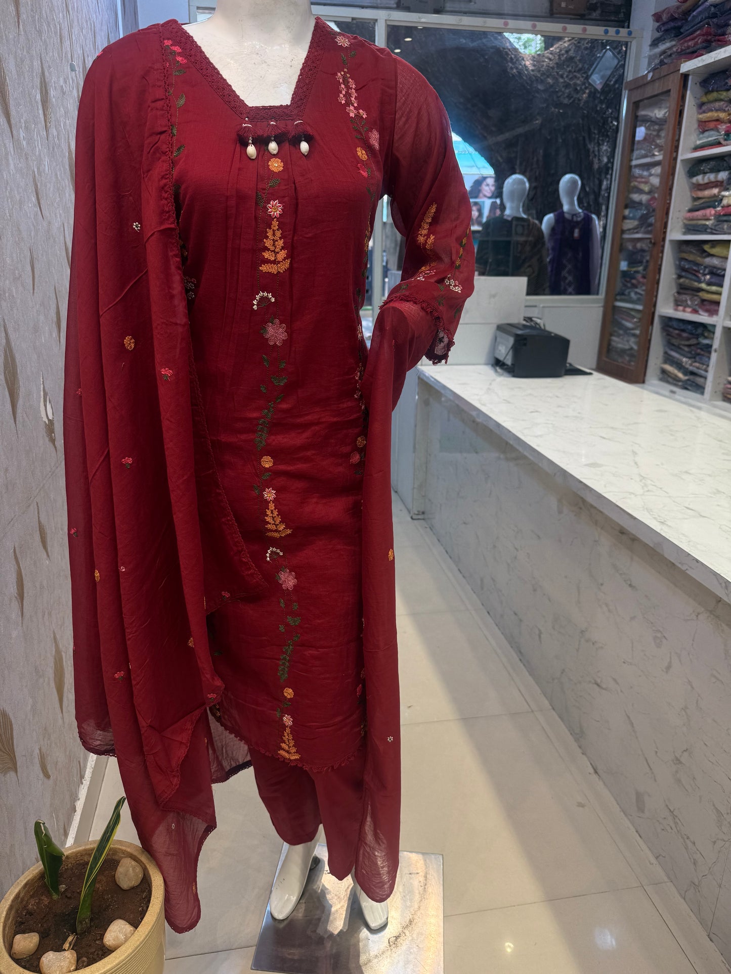 Marron Pure Mul Cotton Embroidered Kurti With Pant and Dupatta-HSC87
