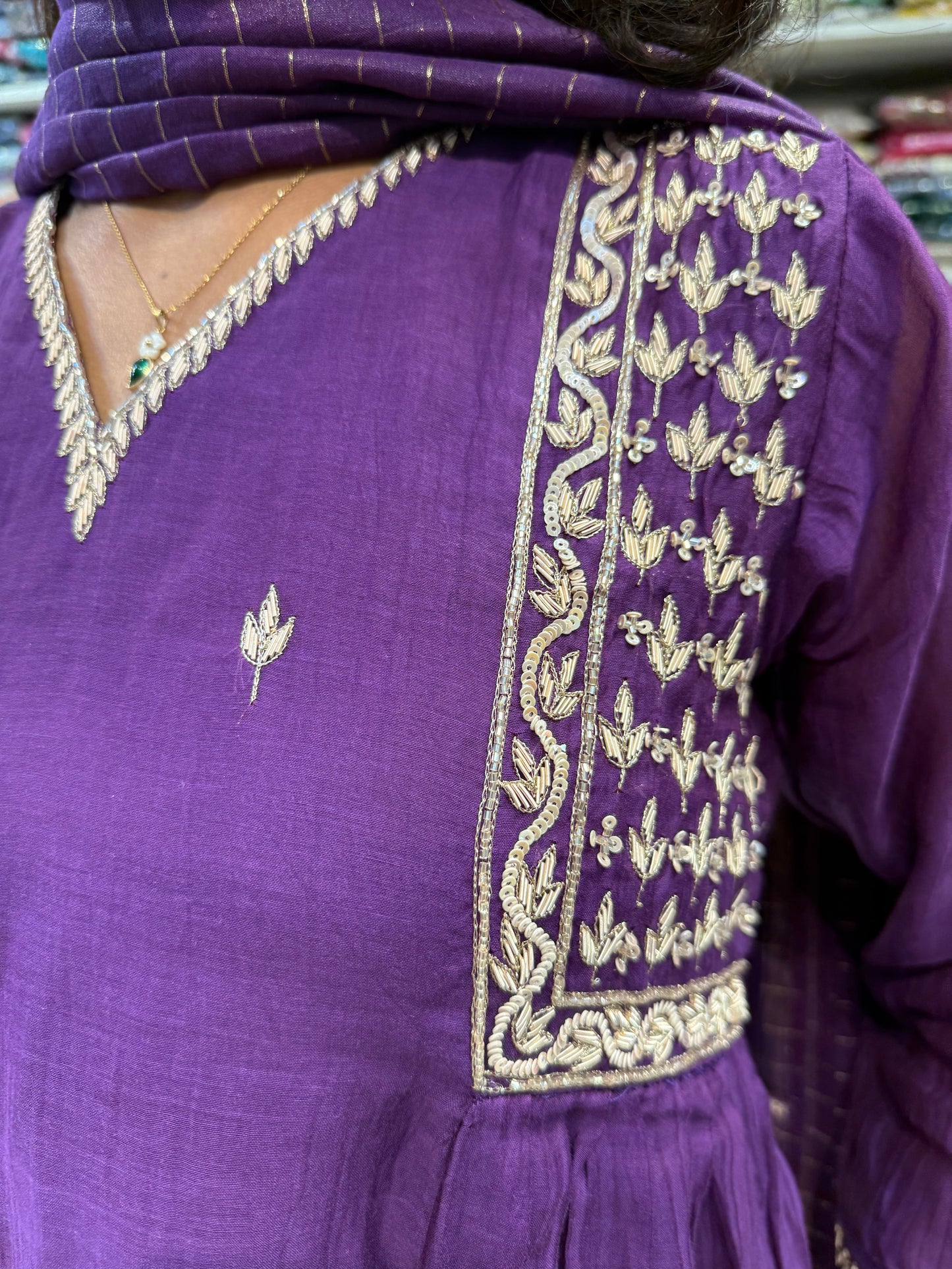 Pure Banasari Mul Chanderi Purple Hand Embroidery Kurti With Pant and Dupatta-HSC191