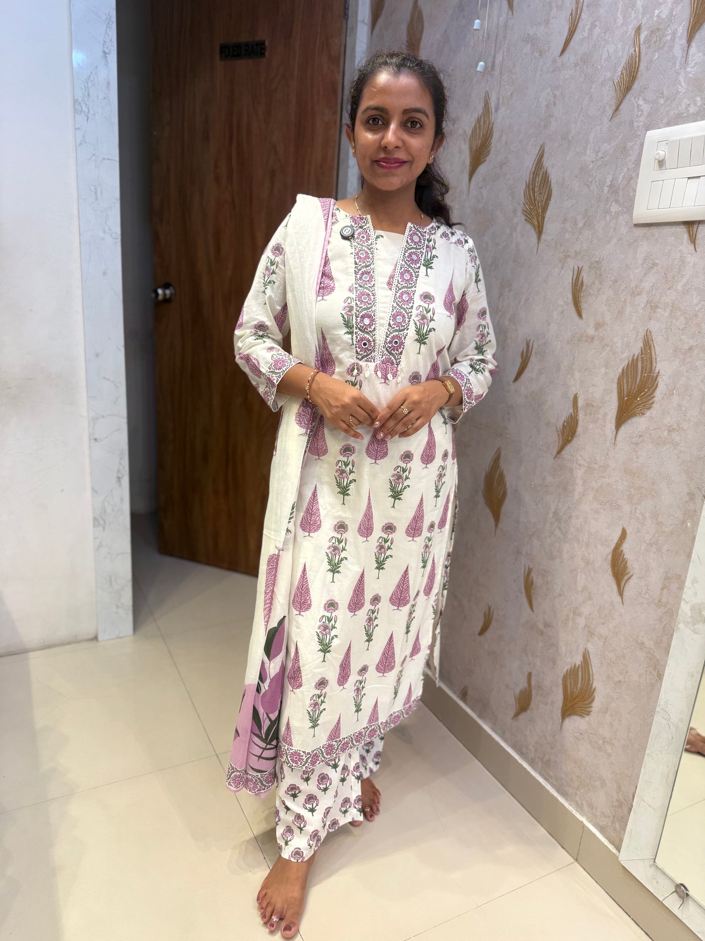 White Pure Cotton Kurti With Pant and Dupatta-HSC136
