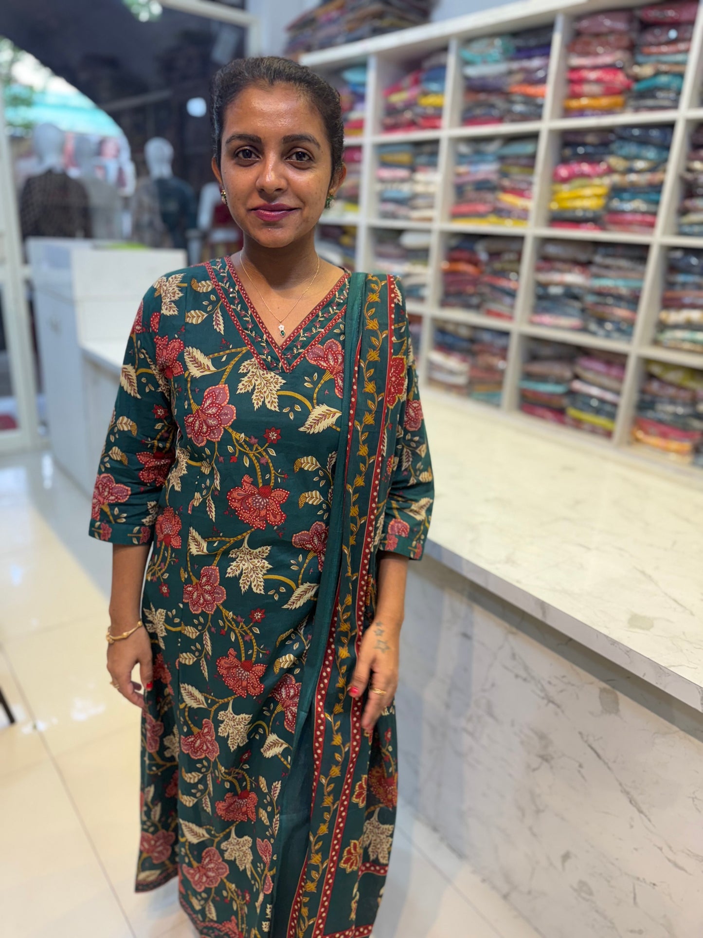 Bottle Green Pure Cotton A-line Kurti with Pant and Dupatta