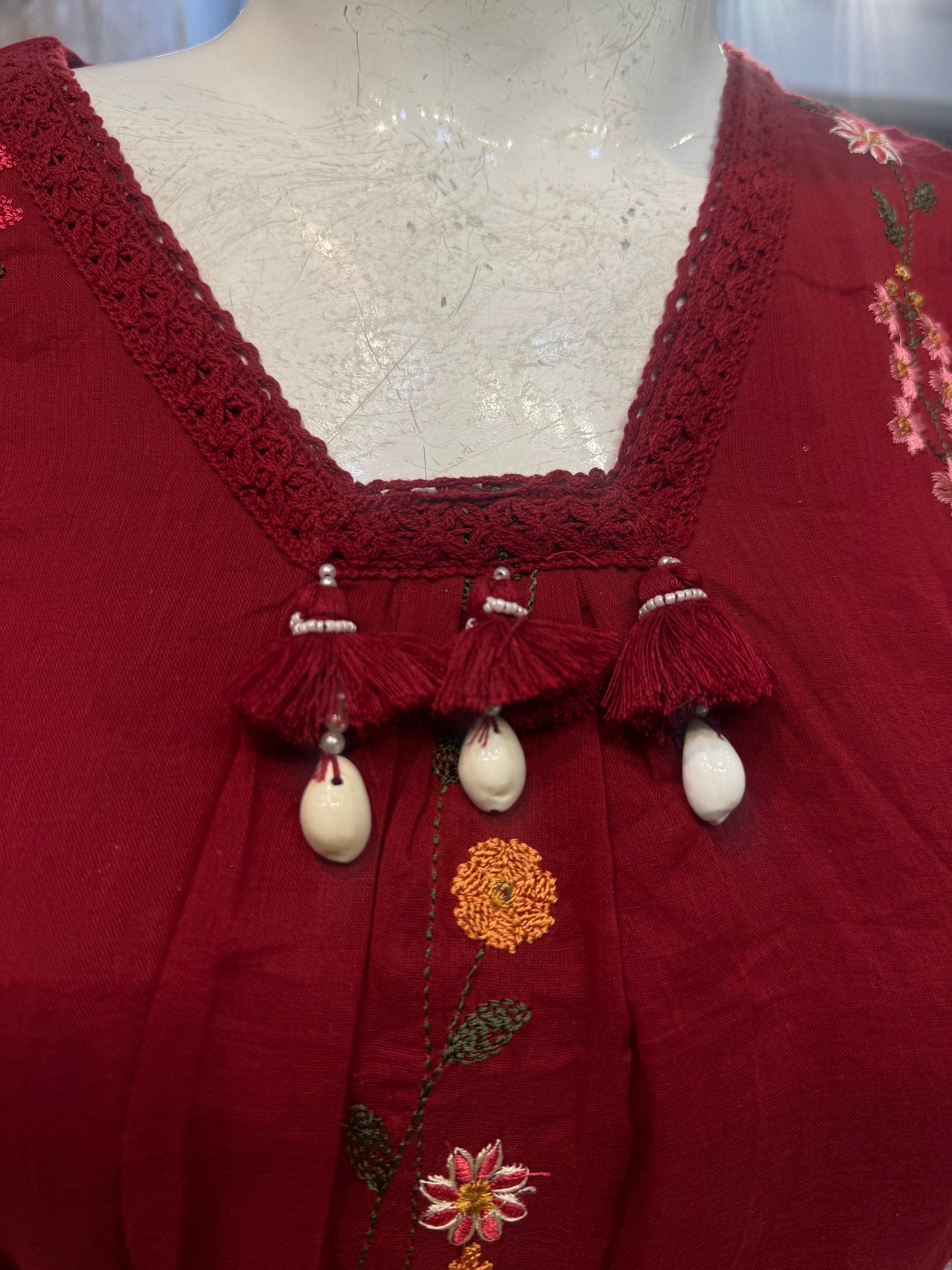 Marron Pure Mul Cotton Embroidered Kurti With Pant and Dupatta-HSC87