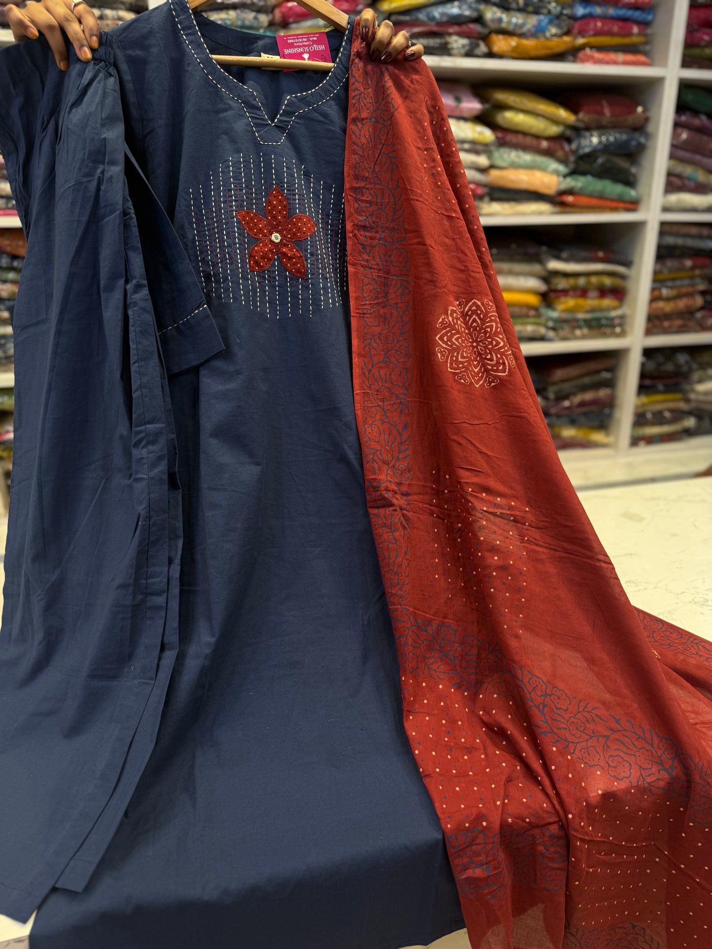 Block Printed Pure Cotton Kurti with Pant and Dupatta