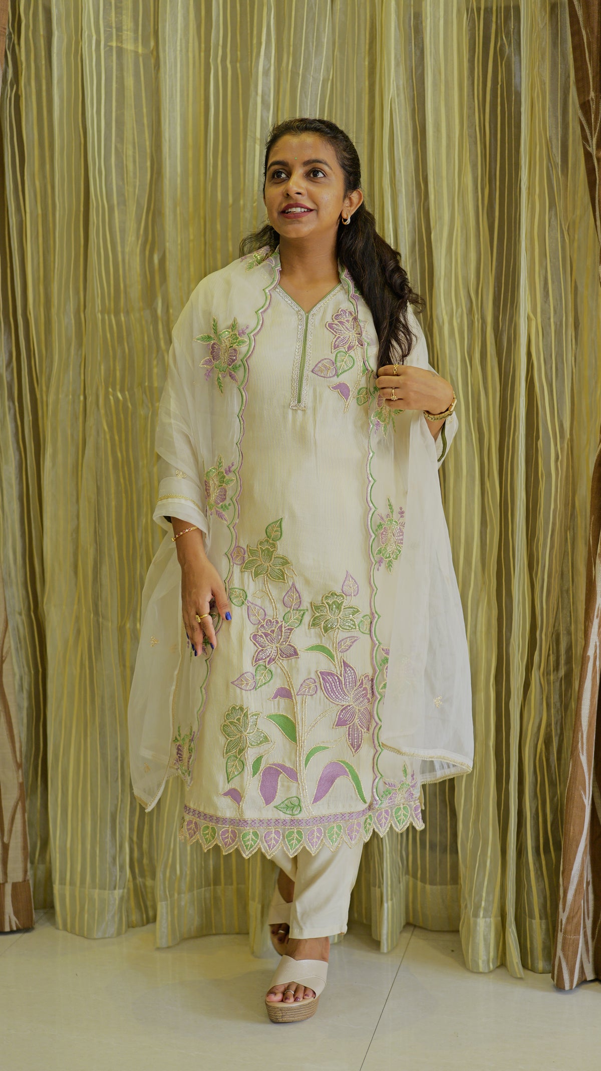 White Tissue Silk Kurti With Pant and Dupatta -HSC1245