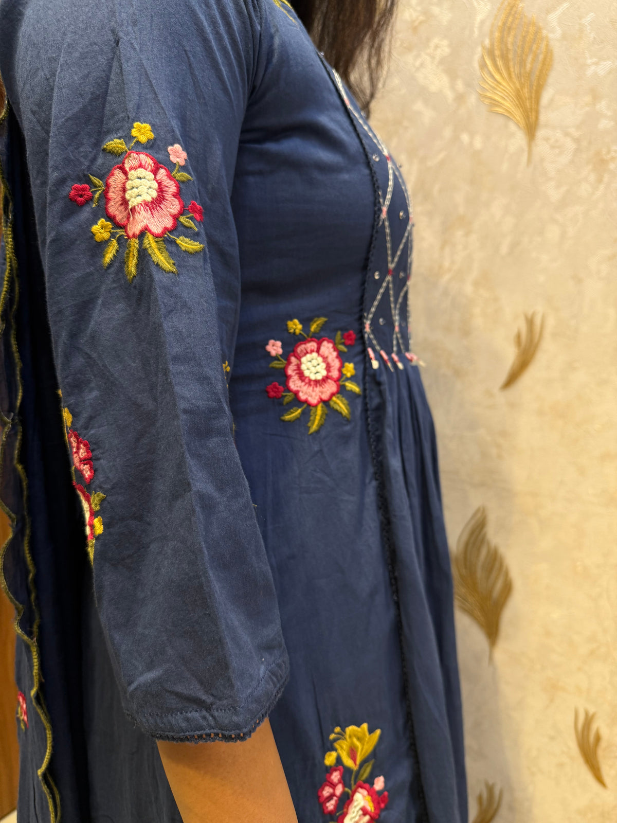 Navy Blue Embroidery Pure Cotton Kurti With Pant and Scallop Dupatta -HSC1285