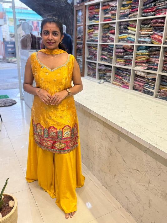 Yellow Party Wear Kurti With Divider Cut Pant and Dupatta