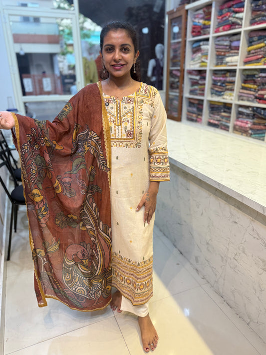 Kalamkari Cotton Kurti With Pant and Dupatta