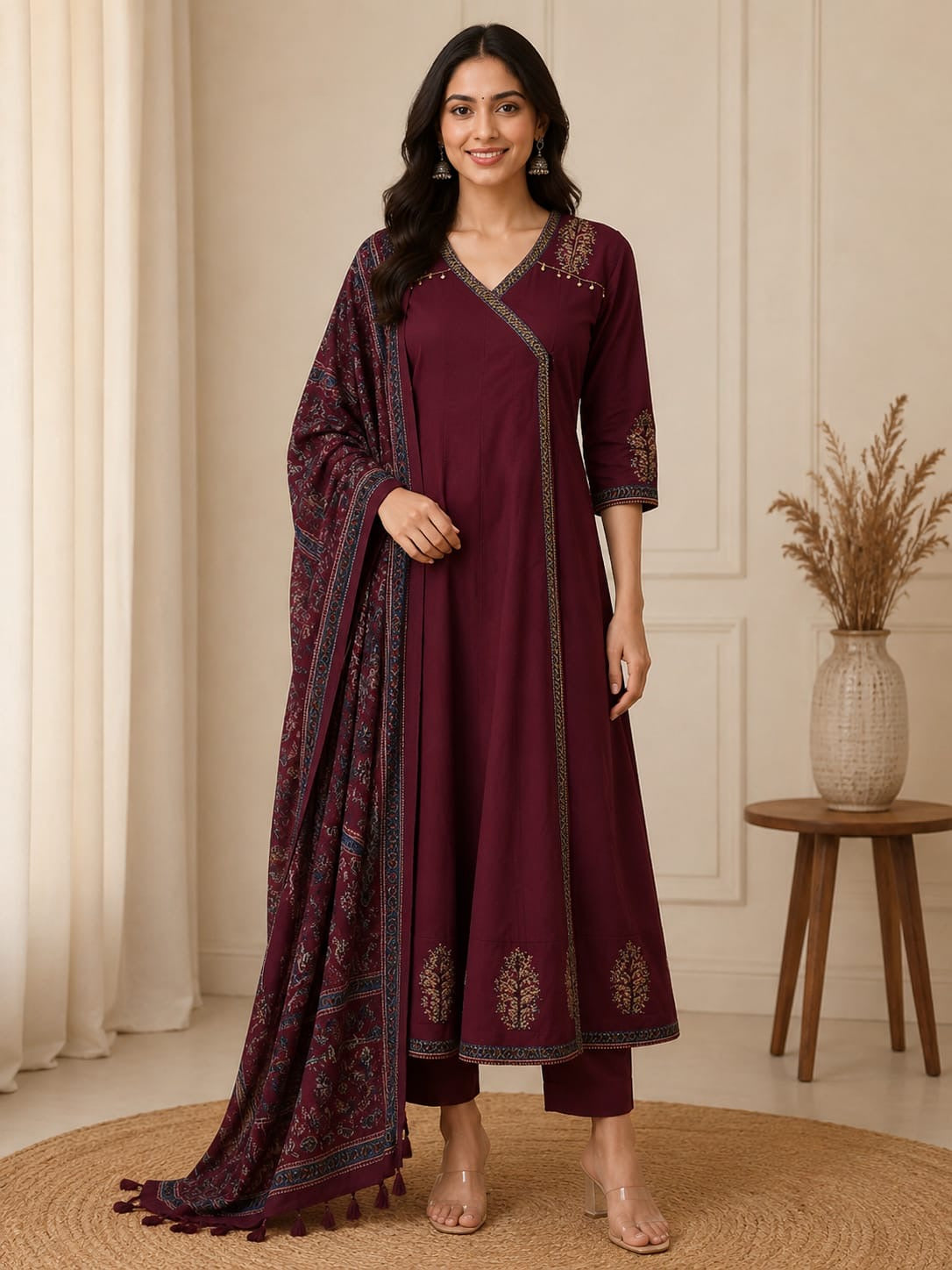 Wine Shoulder Anarkali Pure Cotton Hand Embroidery Kurti With Pant and Dupatta-HSC165