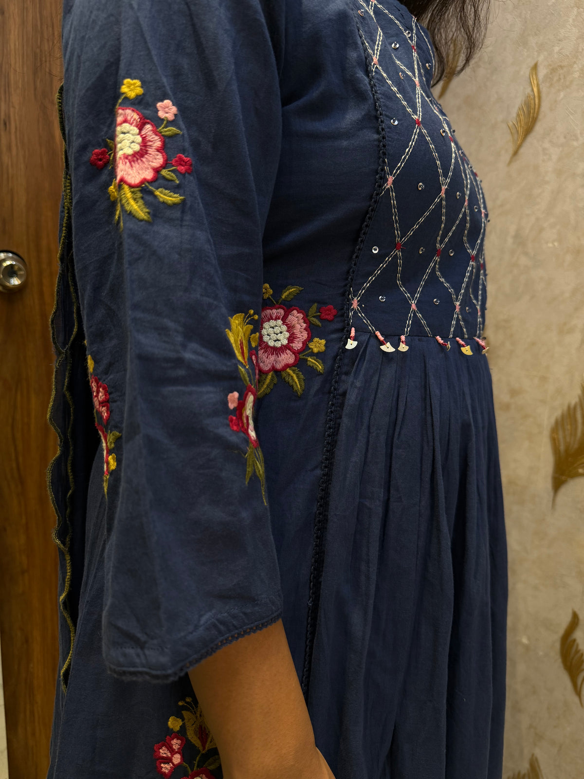 Navy Blue Embroidery Pure Cotton Kurti With Pant and Scallop Dupatta -HSC1285
