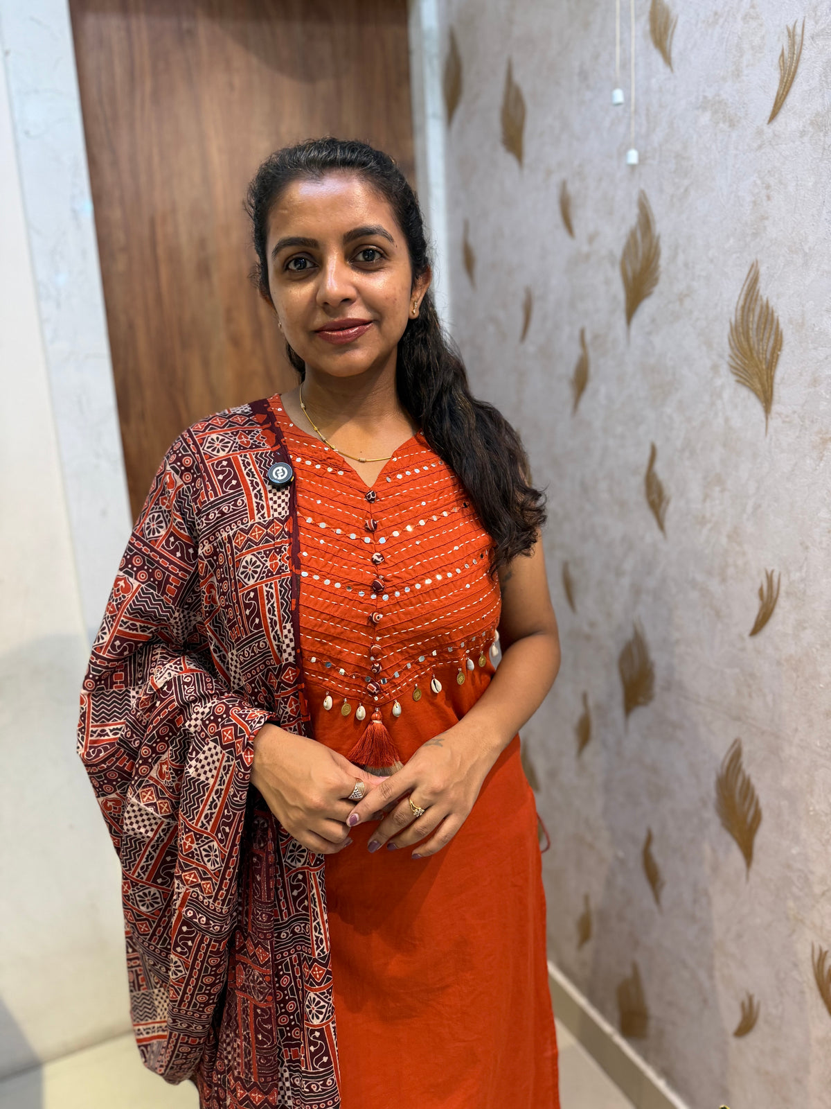 Rust Orange Embroidery Kurti With Pant and  Printed Dupatta -HSC1263