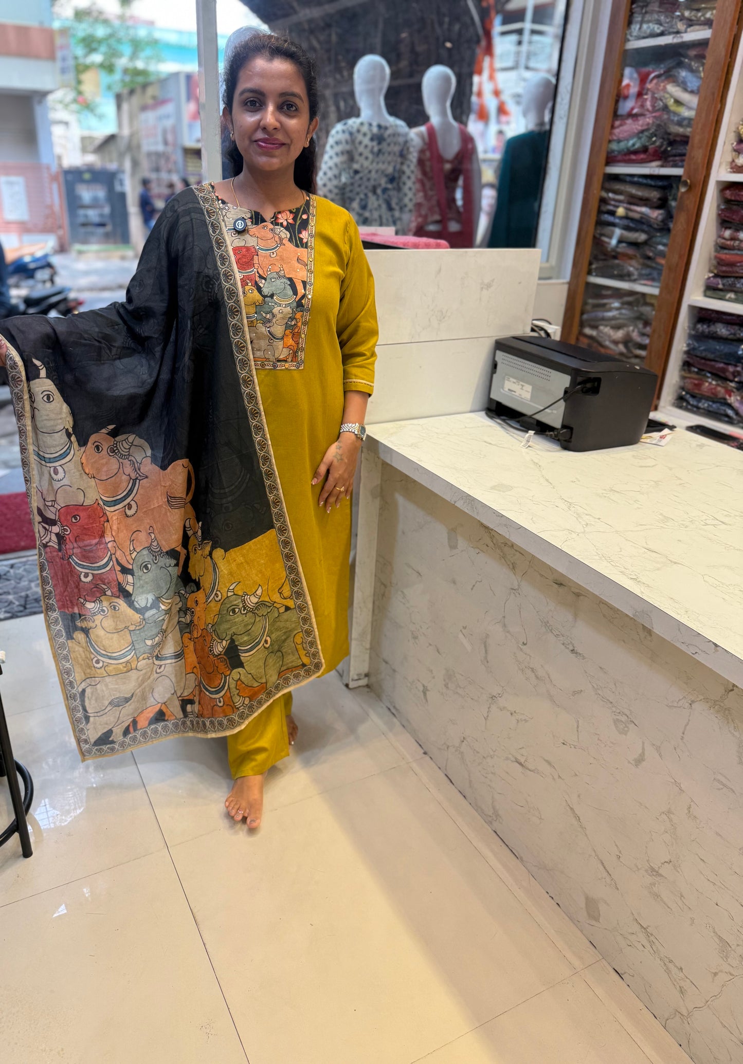 Green Pichwai Printed Cotton Flex Kurti With Pant and Dupatta-HSC125