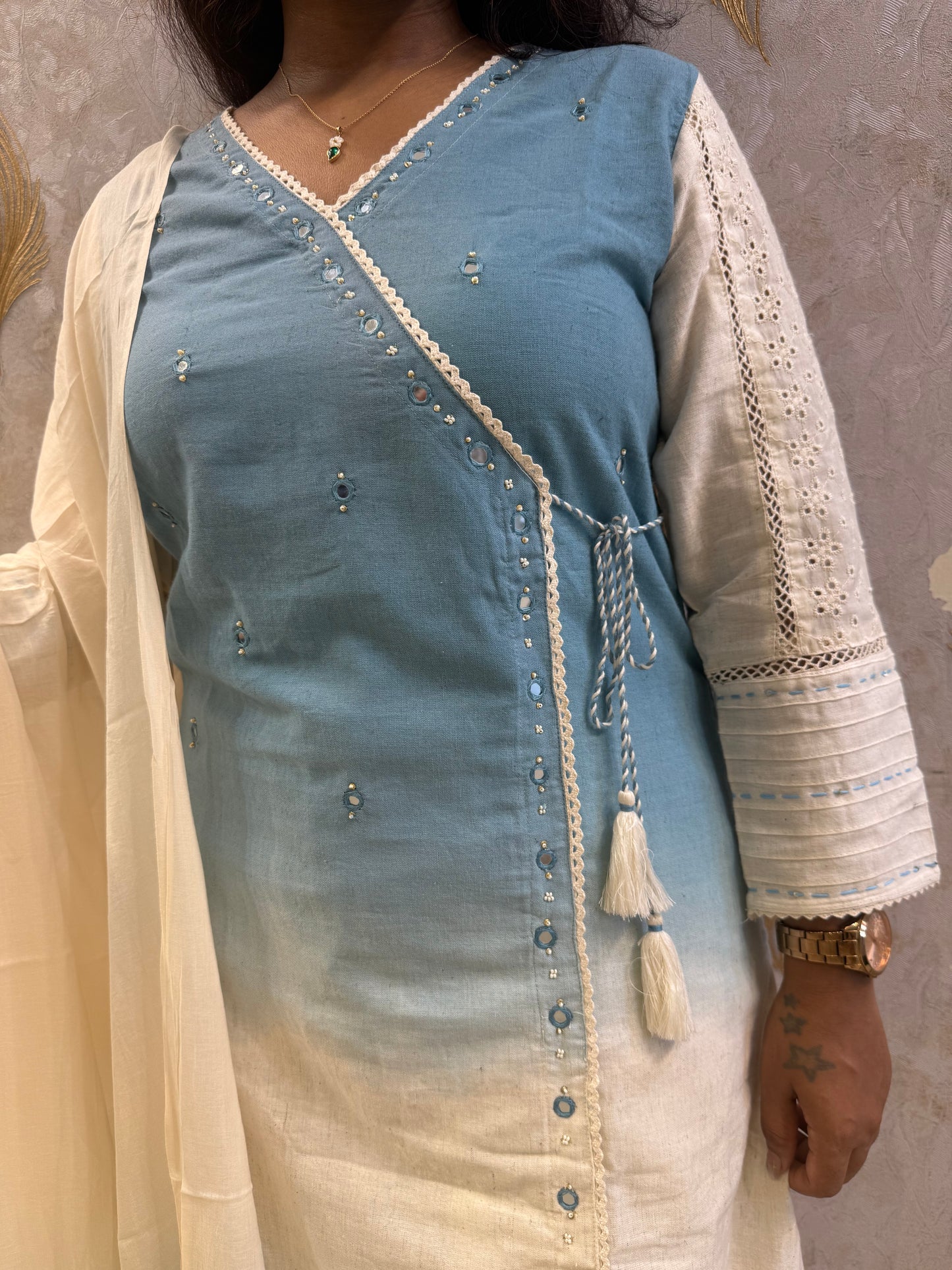 Ombre Pure Cotton Flex Lace Kurti With Pant and Dupatta