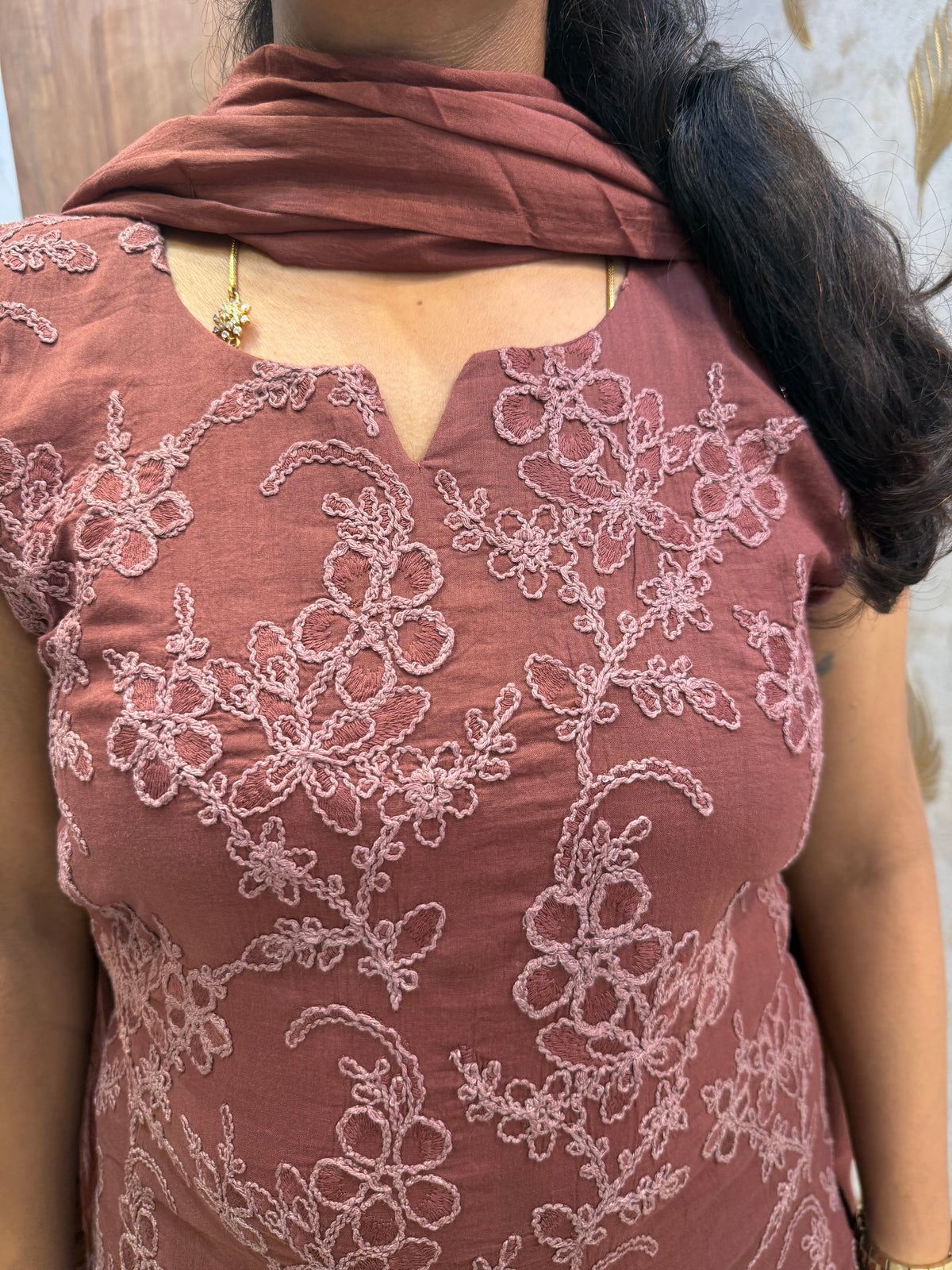 Ombre Brown Pure Cotton Thread Embroidery Kurti With Pant and Dupatta -HSC1223