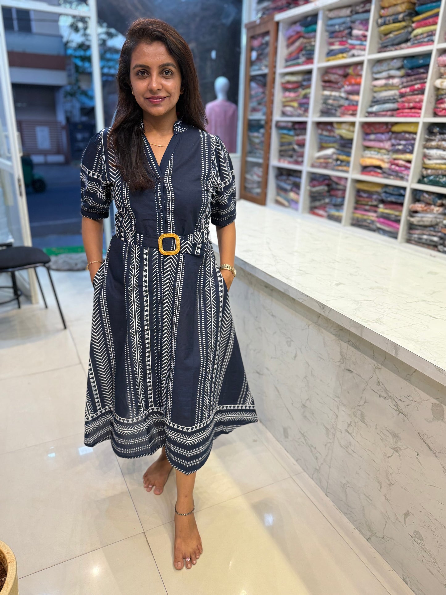 Two Sides Pockets Blue Pure Cotton A-line Dress