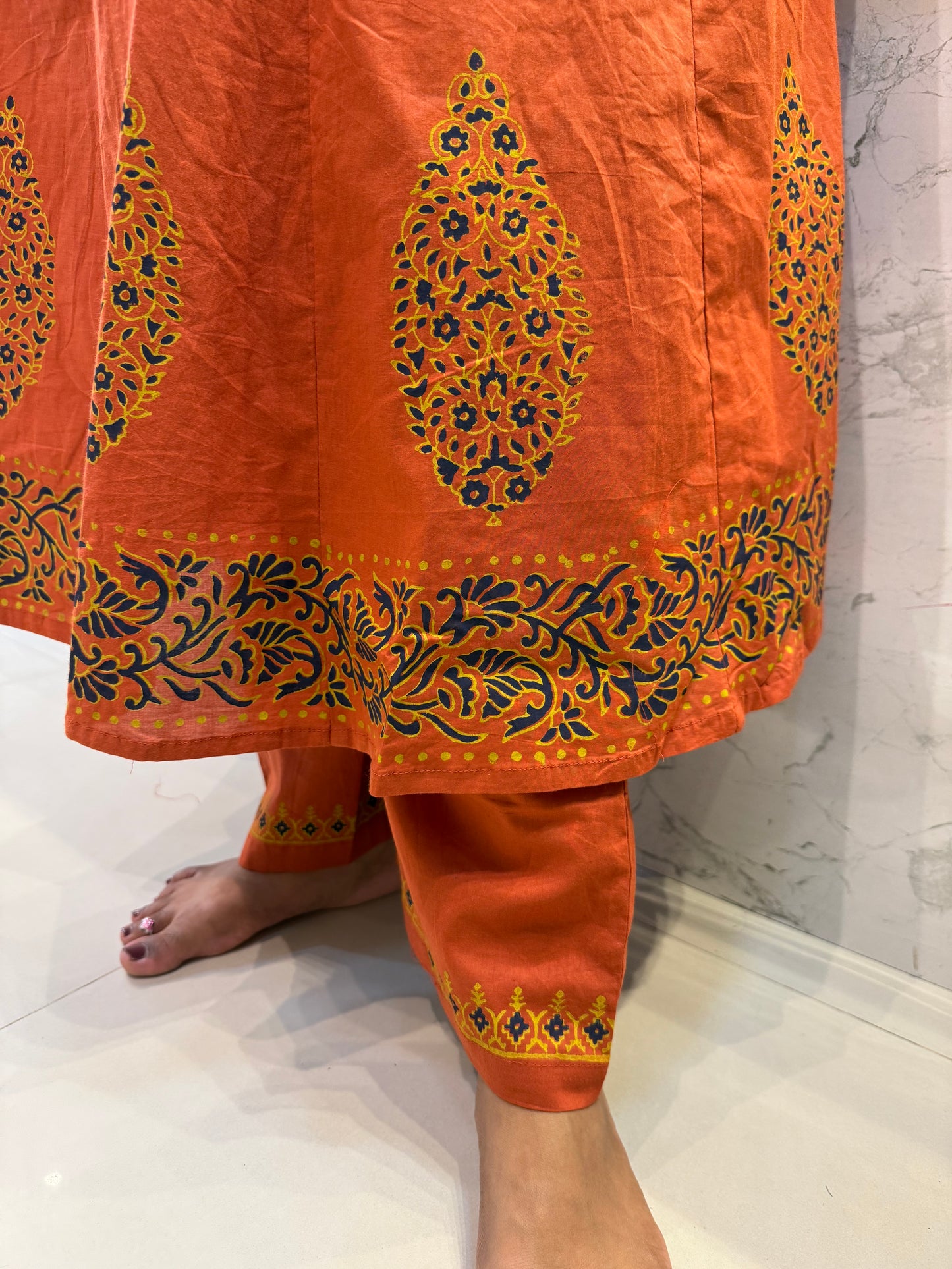 Rust Orange Block Printed Shoulder Kali Kurti With Pant and Dupatta- HSC143