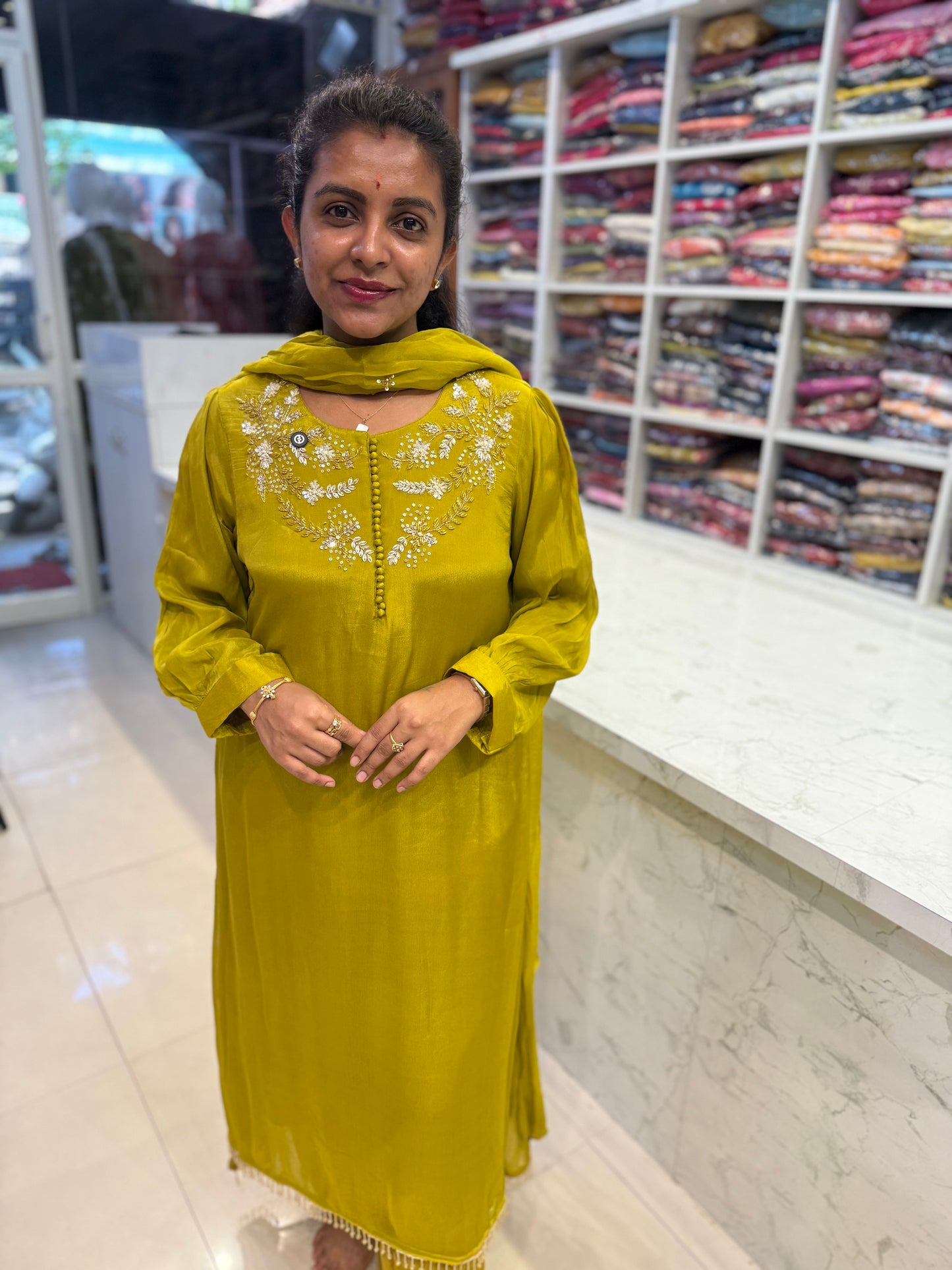 Green Pure Chinnon Handwork Kurti With Pant and Dupatta-HSC37