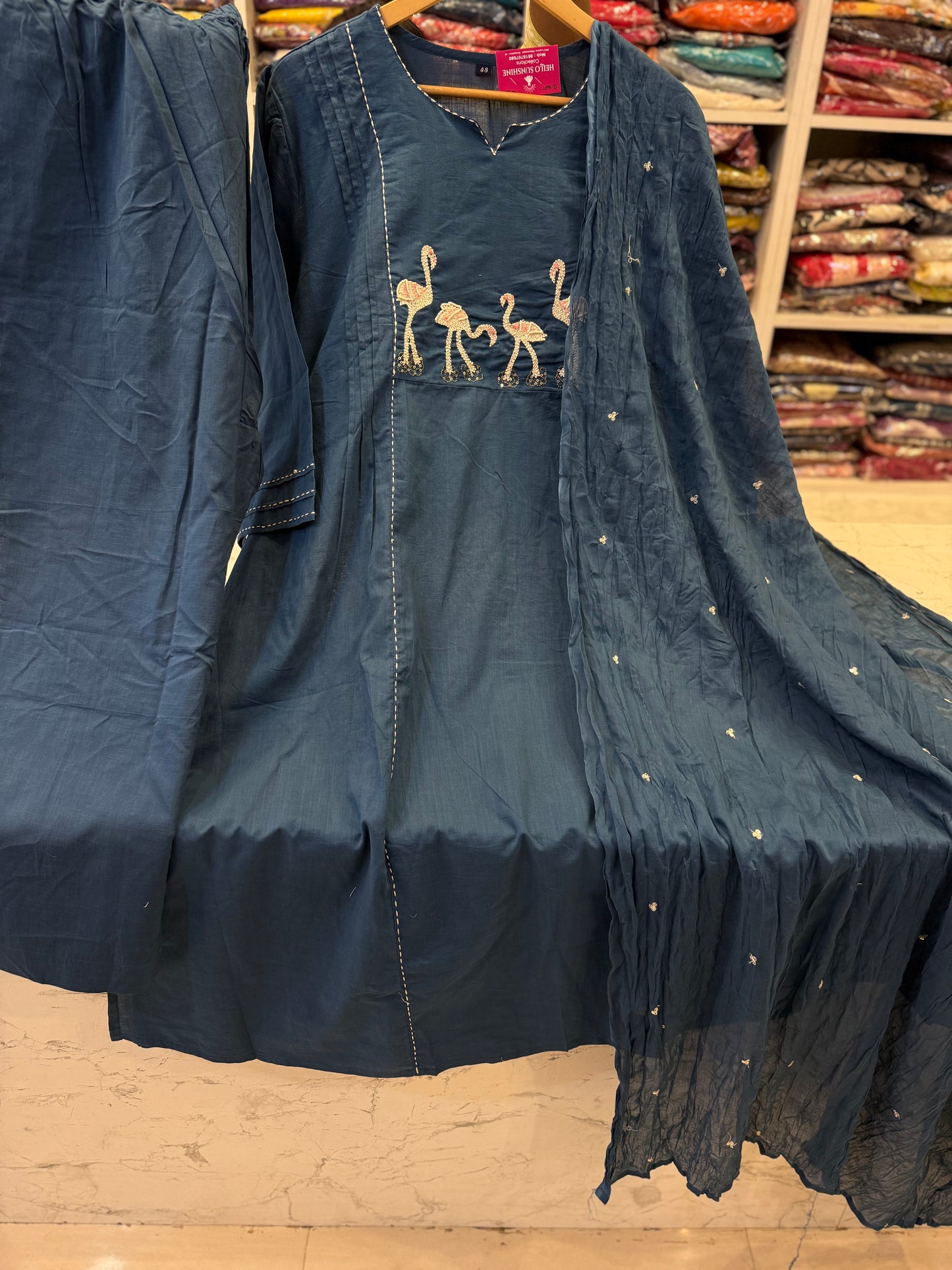 Flamingo Thread Embroidery Pure Cotton Kurti With Pant and Dupatta