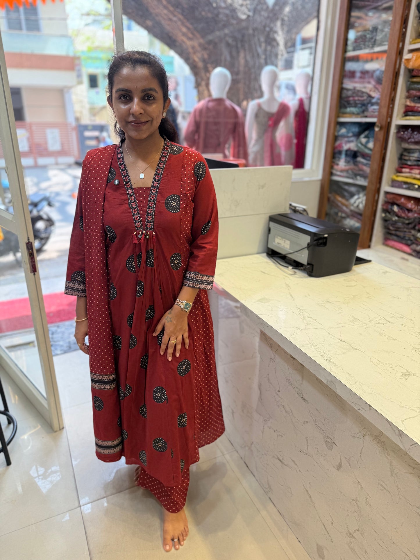 Printed Marron A-line Kurti With Pant and Dupatta