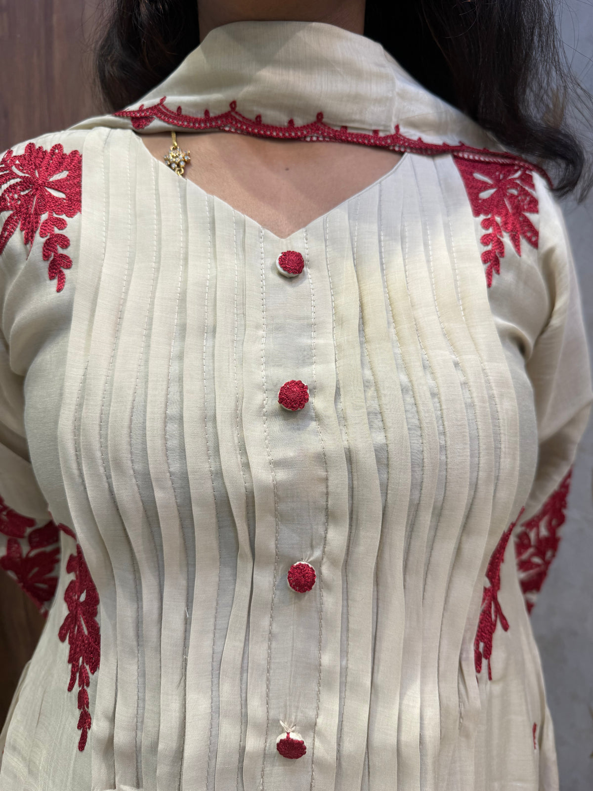 Half White Mul Chanderi Embroidery A-line Kurti With Pant and Dupatta  -HSC1307