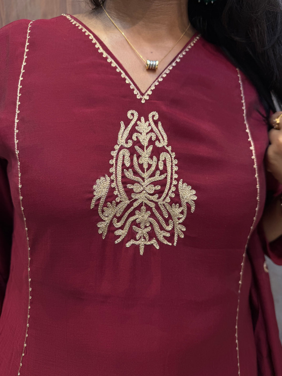 Marron Pure Silk Embroidery Kurti With Pant and Dupatta -HSC1329