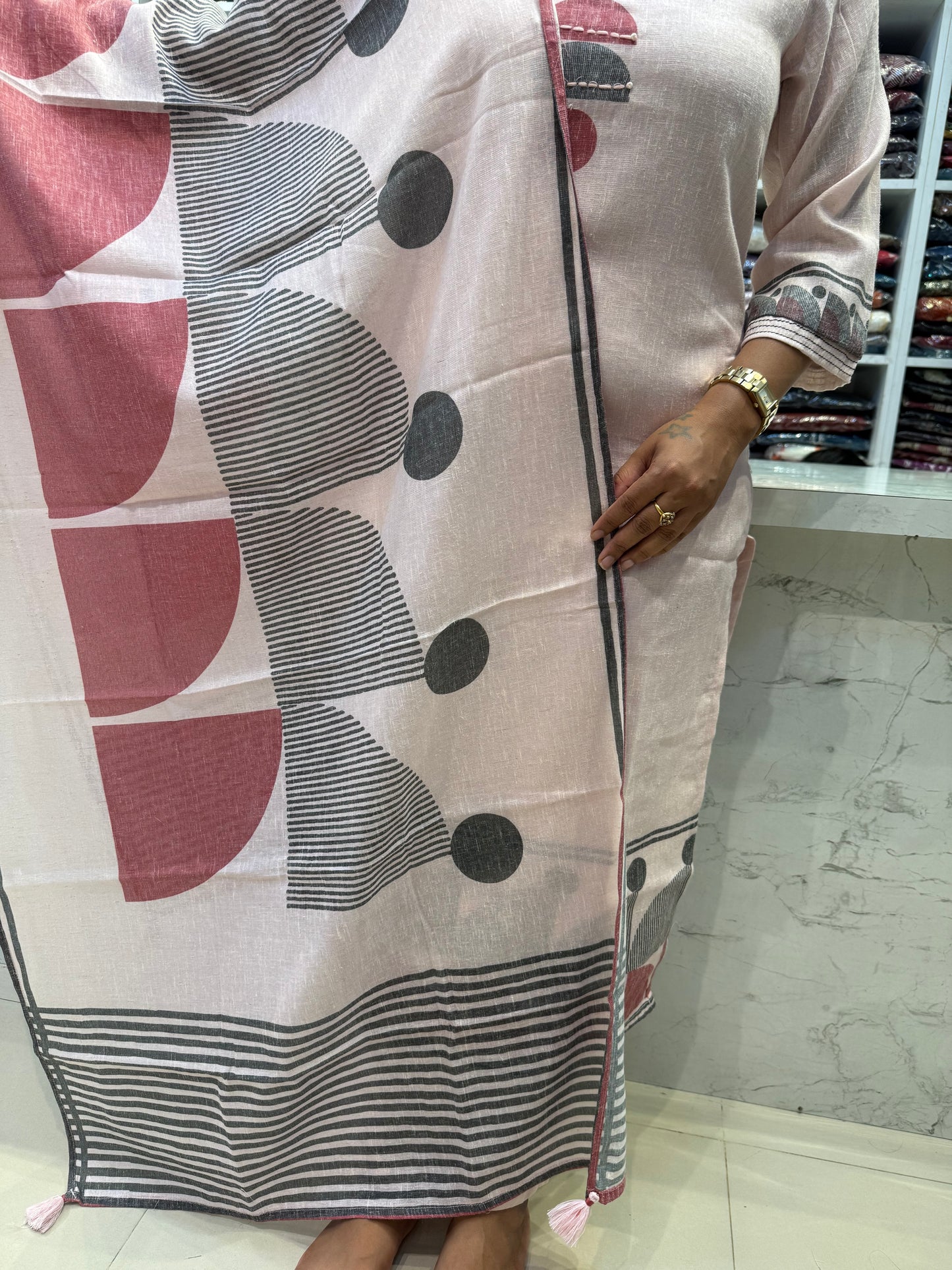 Pure Linen Pastel Pink Thread Embroidery Kurti With Pant and Dupatta-HSC75