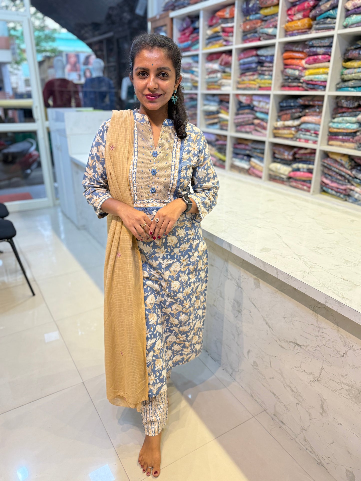 Blue with Cream Cotton Salwar set