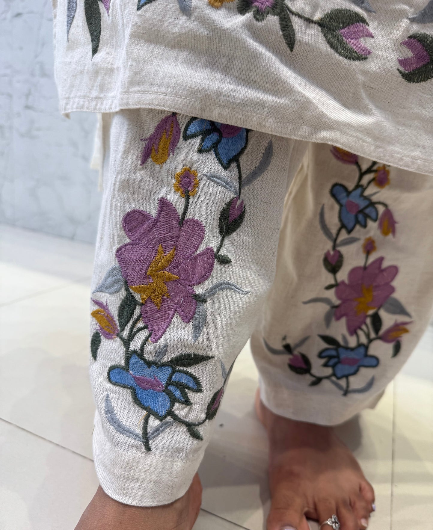 Half white Cotton Flex Embroidery Kurti With Pant and Dupatta