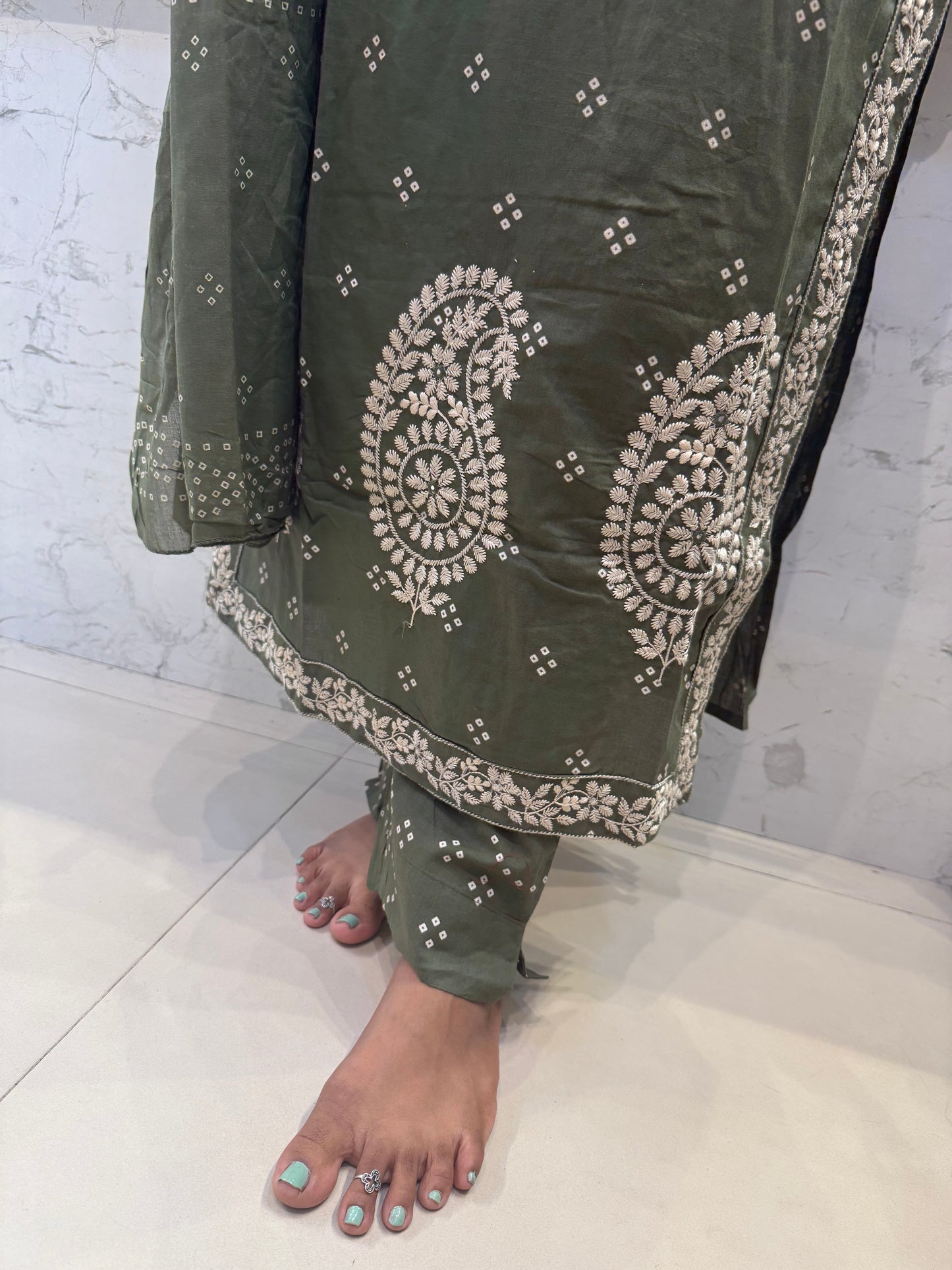 Olive Green Bandhani Cotton chikankari Kurti with Pant and Dupatta