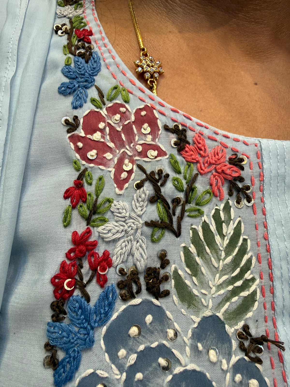 Sky Blue Embroidery Thread Work Kurti With Pant and Dupatta -HSC1236