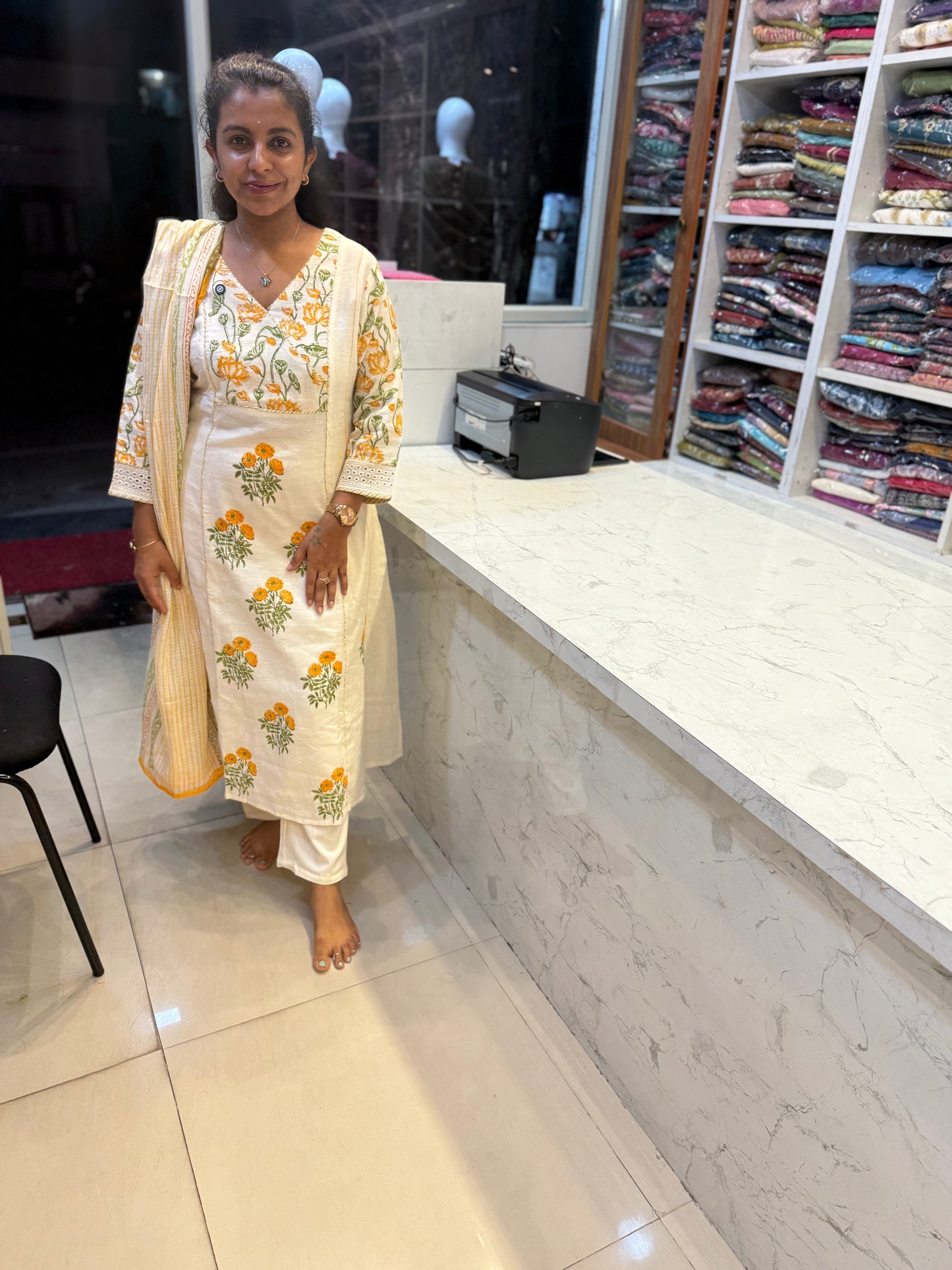 Premium Pure Linen A-line Block Printed Kurti with pant and Dupatta
