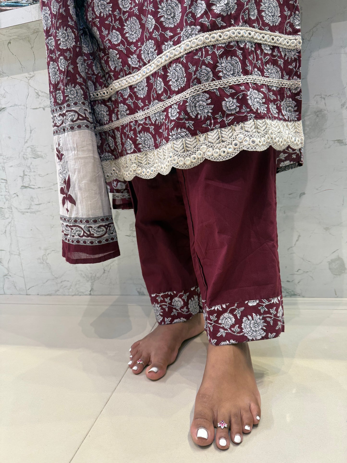 Printed Pure Cotton Kurti With Lace Detail Pant and Dupatta