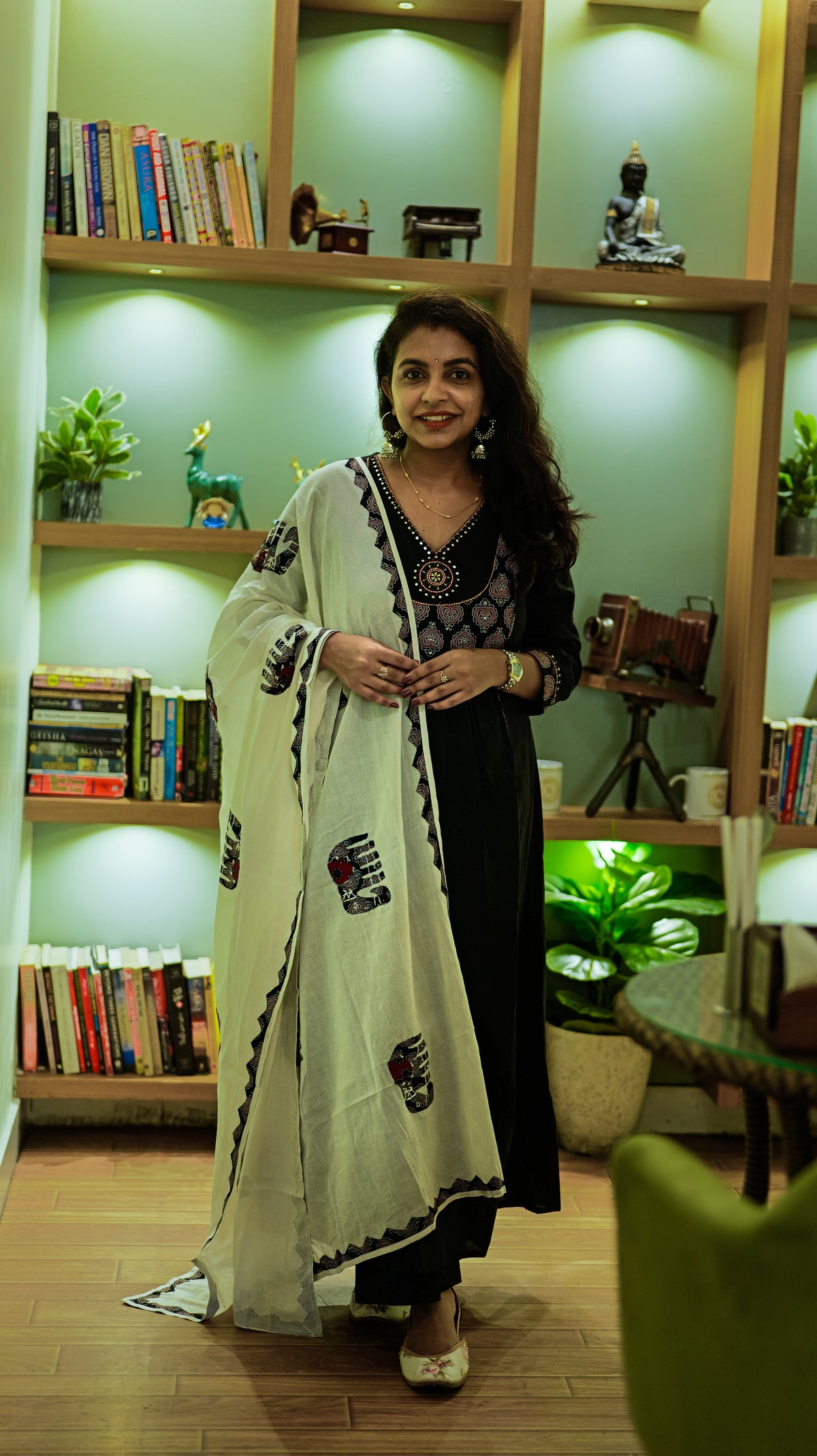 Elephant Black Applique Pure Cotton Kurti With Pant and Dupatta -HSC1262