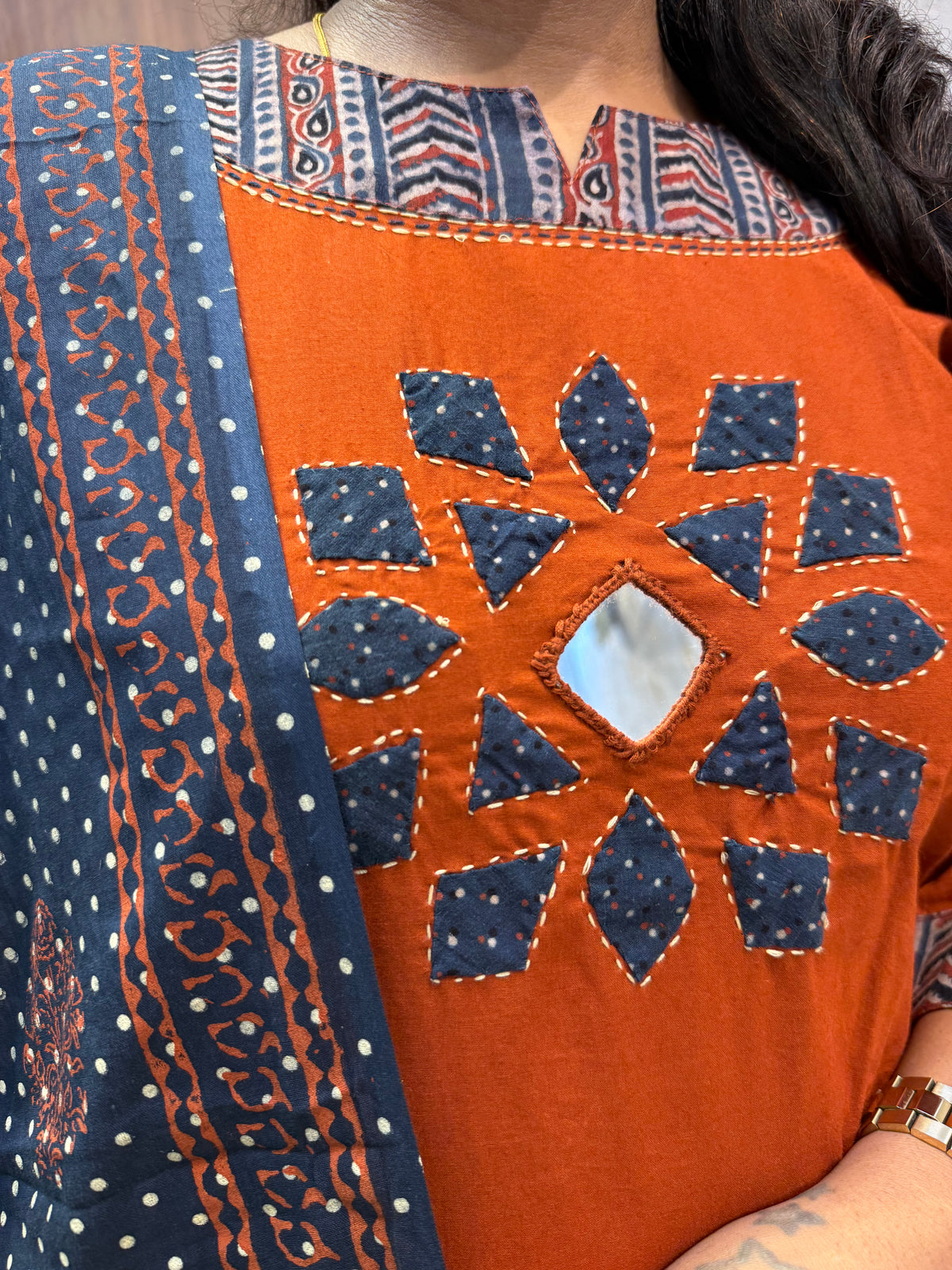 Applique Rust Orange With Blue Pure Cotton Kurti With Pant and Dupatta - HSC1194