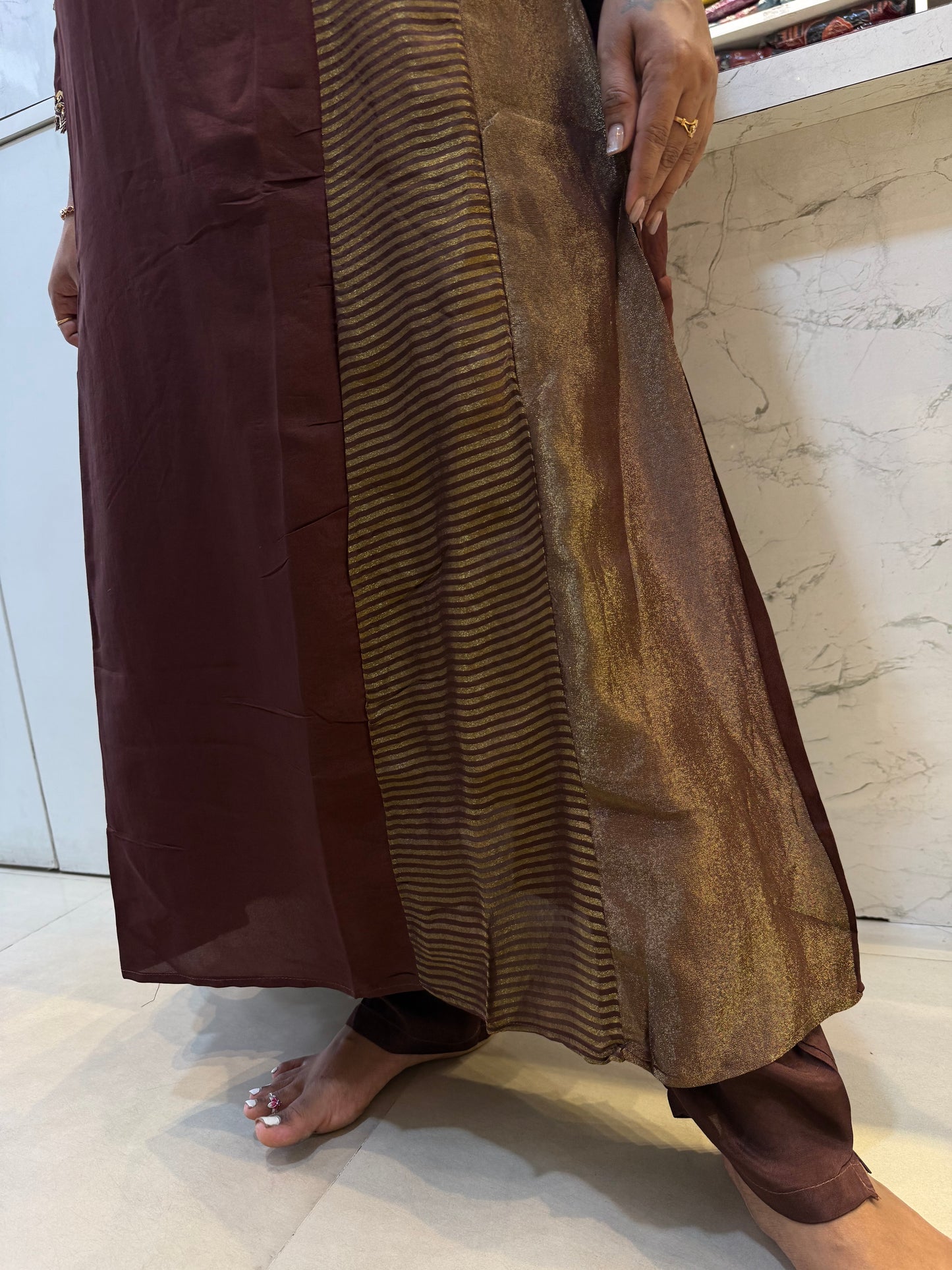 Brown Pure Banarasi Mul-Chanderi A-line Kurti With Pant and Dupatta