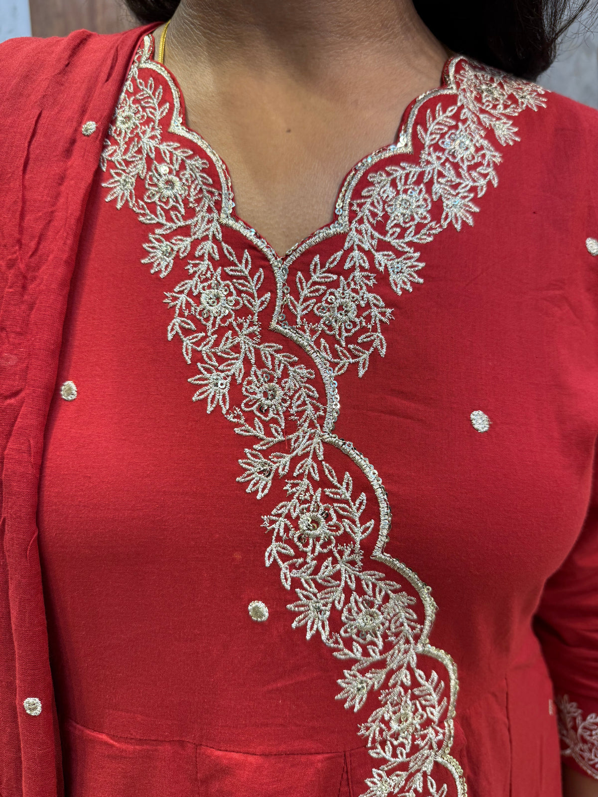 Red Pure Cotton Embroidered Angarkha Kurti With Pant and Dupatta - HSC1200