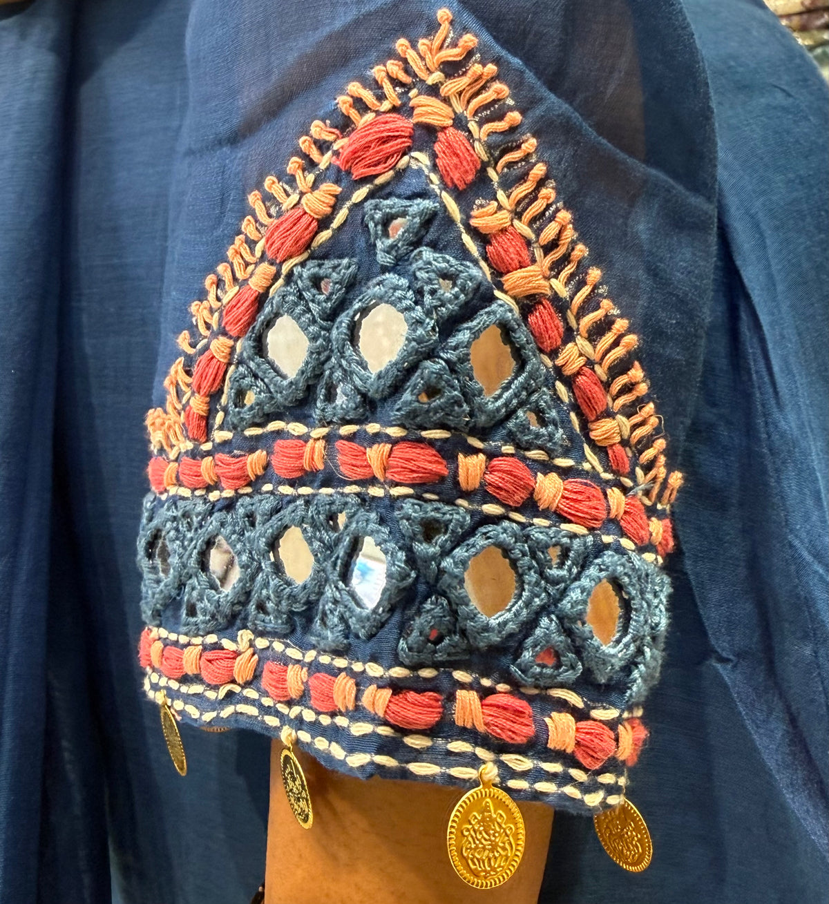 Ink Blue Hand Embroidery Pure Banarasi Mul Chanderi A-line Kurti With Pant and Dupatta -HSC1276