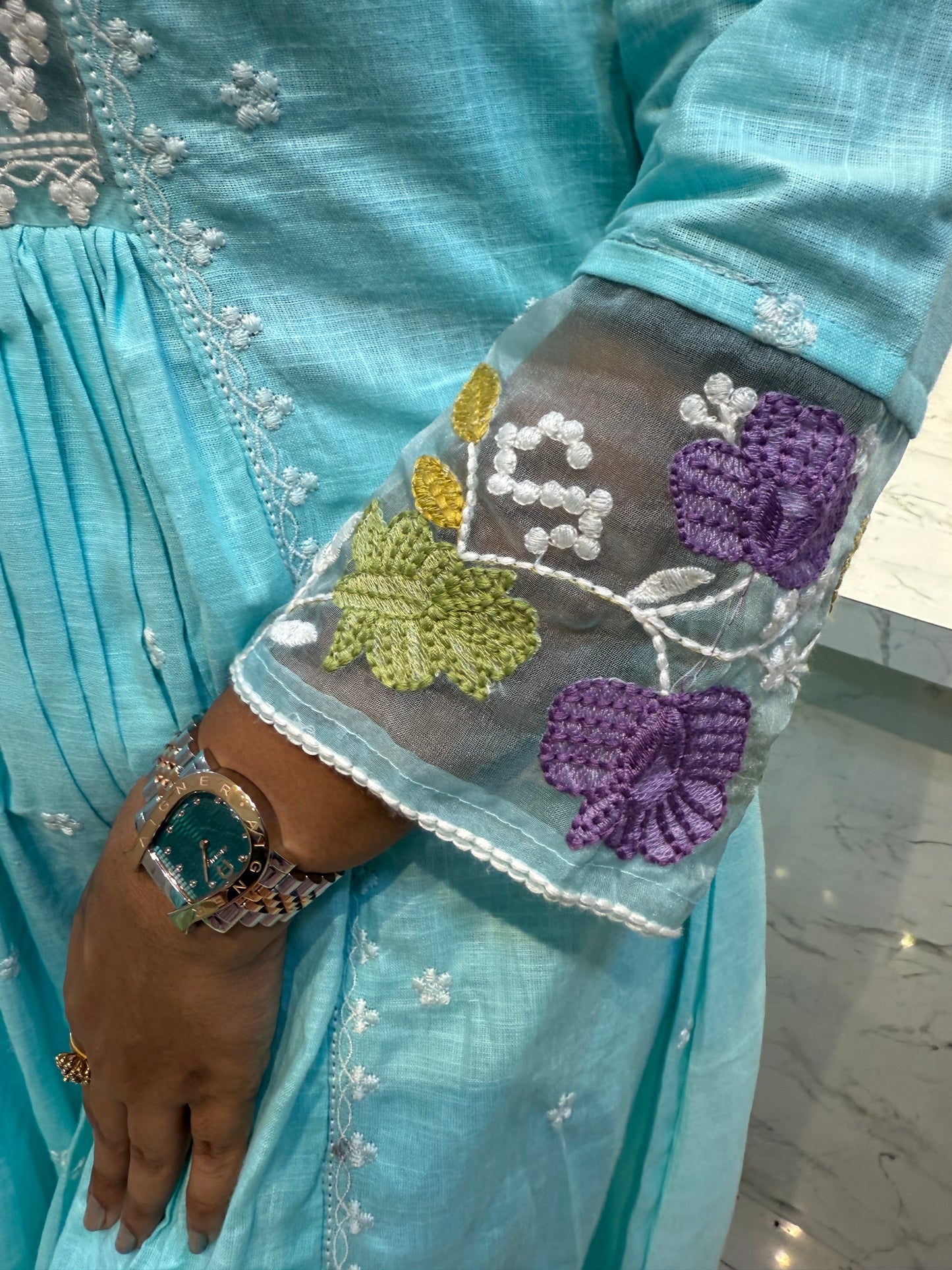Sky Blue Cotton Kurti with Pant and Dupatta