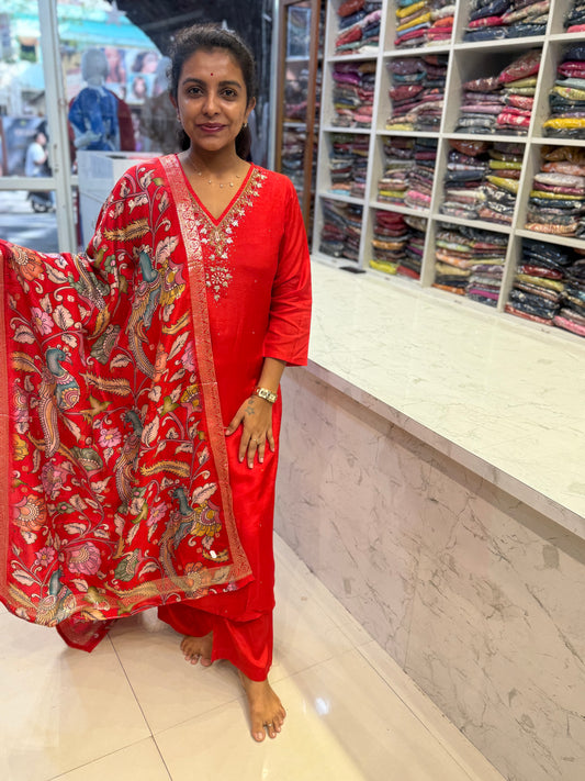 Red Dola Silk Printed Kalamkari Dupatta