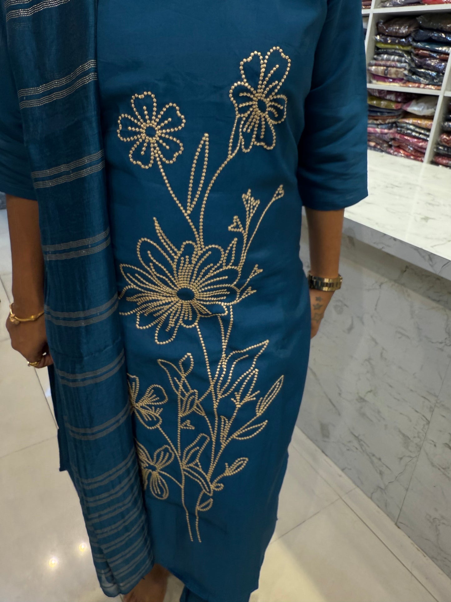 Blue Roman Silk Semi-Party wear thread Work Kurti With pant and Dupatta