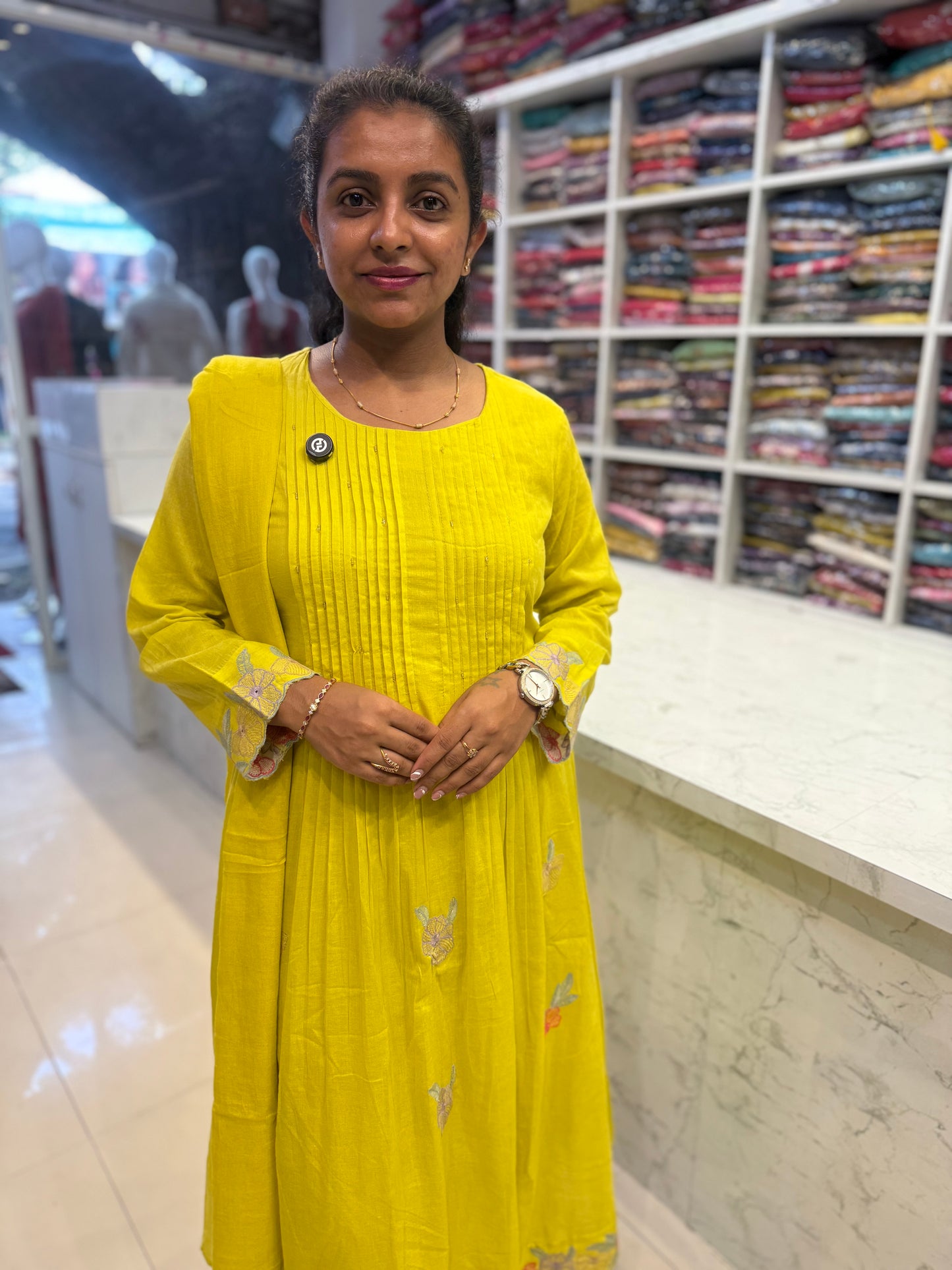 Lime Green Anarkali Embroidery Cotton Kurti With Pant and Dupatta-HSC137