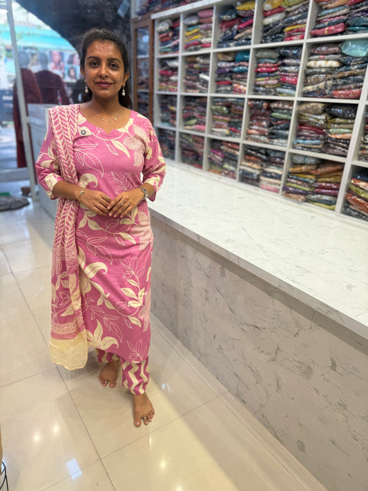 Baby Pink Pure Cotton Kurti With Pant and Dupatta