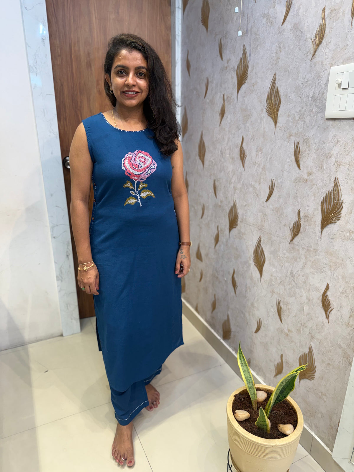 Crosstich Embroidery Pure Cotton Kurti With Pant - HSC1188