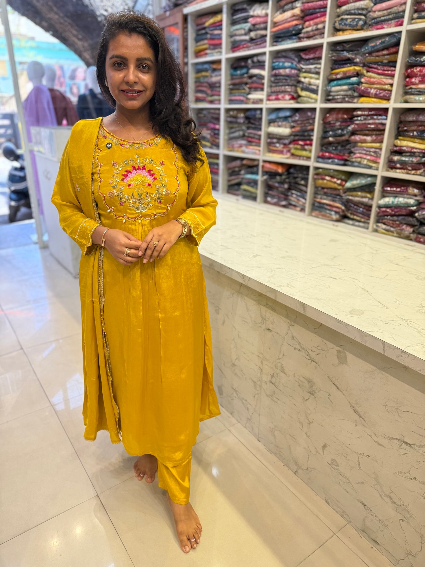 Yellow Pure Chinnon Kurti With Pant and Dupatta