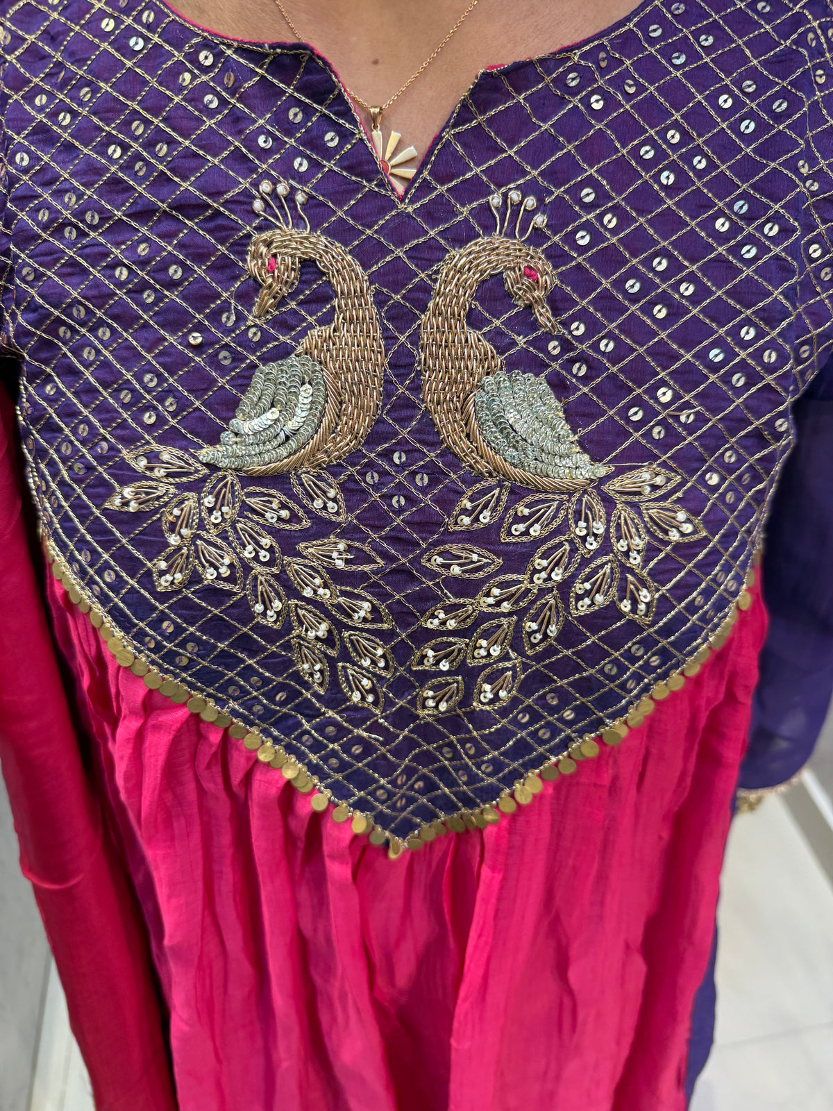 Pink Pure Banarasi Mul Chanderi Hand Embroidery A-line Kurti With Pant and Dupatta - HSC1179