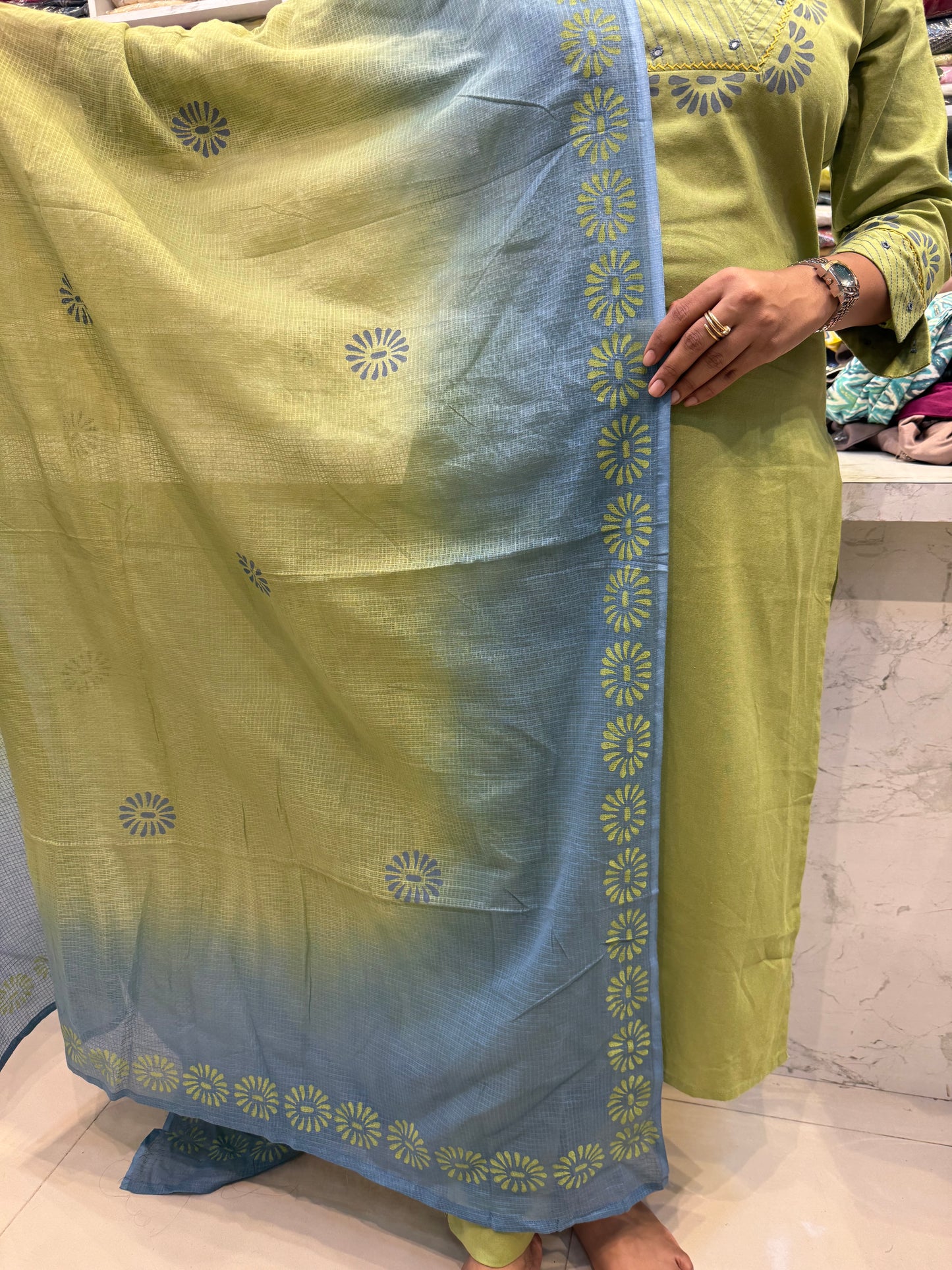 Green Cotton Kurti With pant and Dupatta