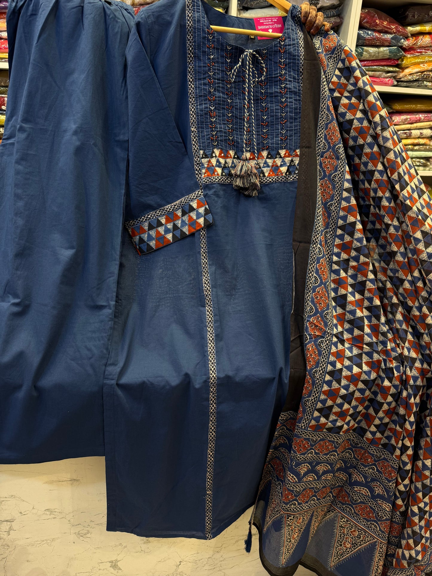 Blue Printed Cotton Kurti With Pant and Dupatta  - HSC1154