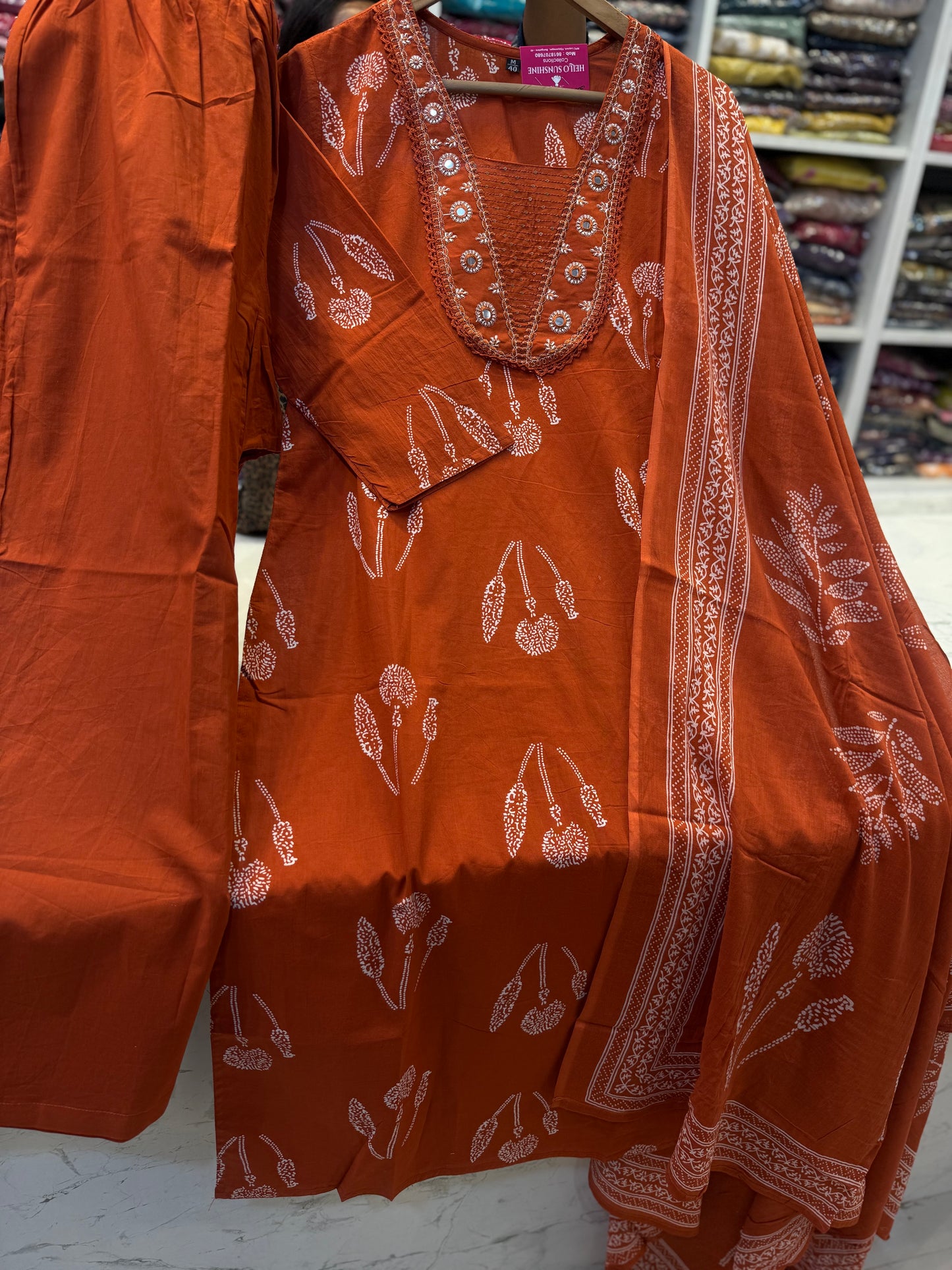 Printed Rust Orange Cotton Kurti With Pant and Dupatta-HSC89