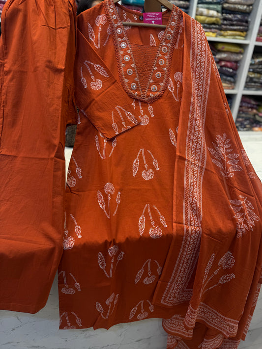 Printed Rust Orange Cotton Kurti With Pant and Dupatta-HSC89