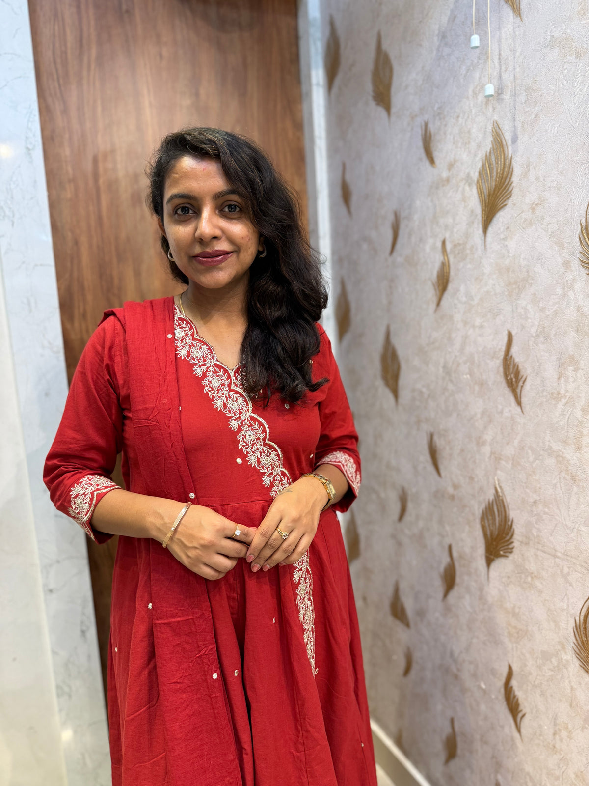 Red Pure Cotton Embroidered Angarkha Kurti With Pant and Dupatta - HSC1200